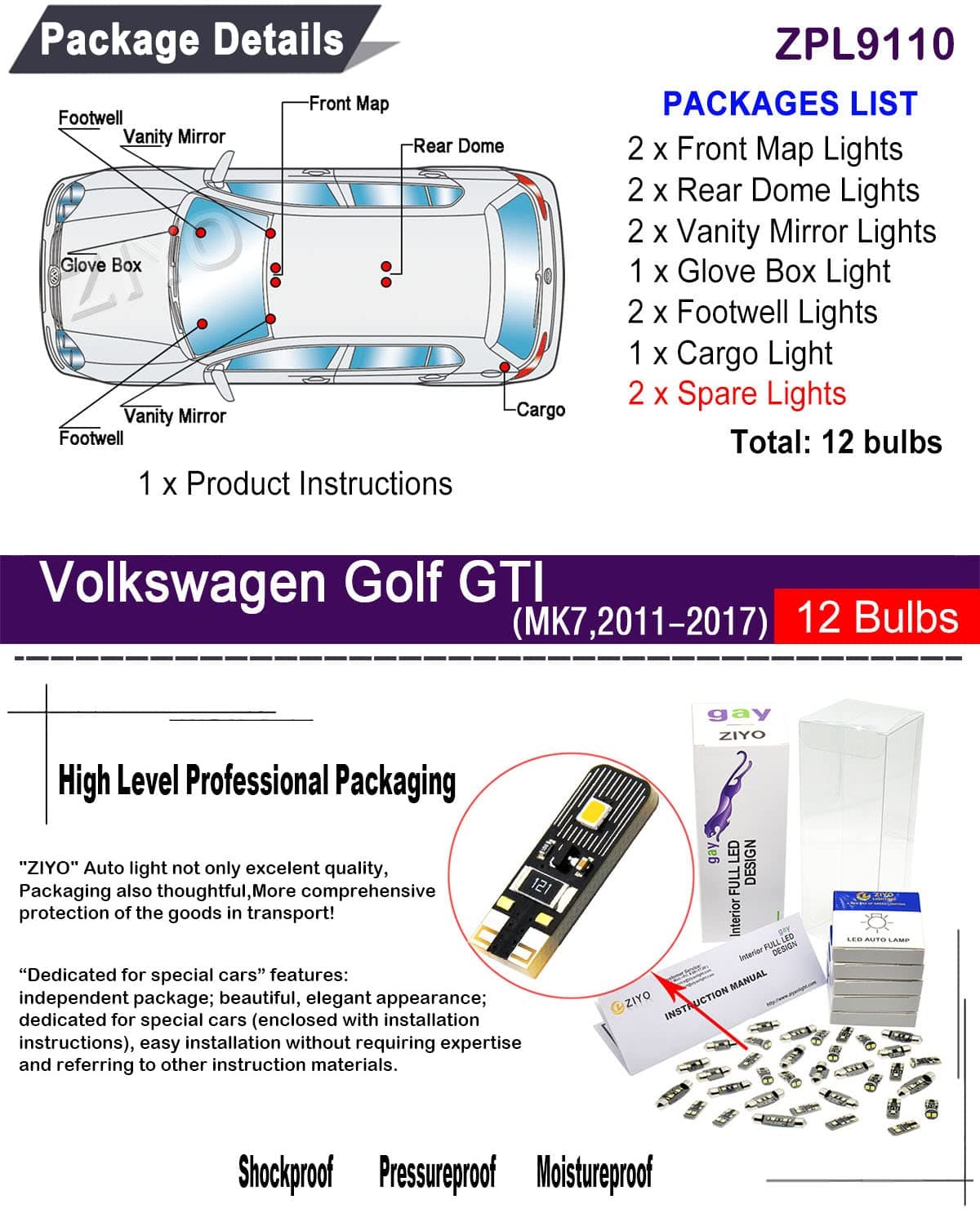 ZIYO ZPL9110 - (12 Bulbs) Deluxe LED Interior Light Kit Package Replacement for Volkswagen Golf/GTI MK7 2012-2018, Xenon White Dome Light Bulbs Upgrade Error Free