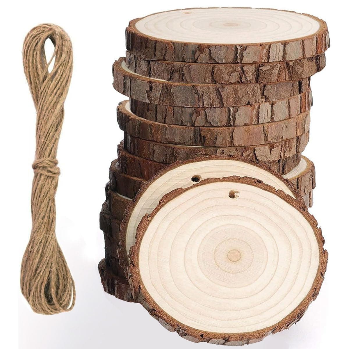 Unfinished Natural Wooden Slices 15 Pcs 9-11cm Wood Circles for Crafts DIY Christmas Ornament Craft Wood Kit with Bit,Blank Round Wood Slice with Bark for Art,Painting,Party(with holes + twine)