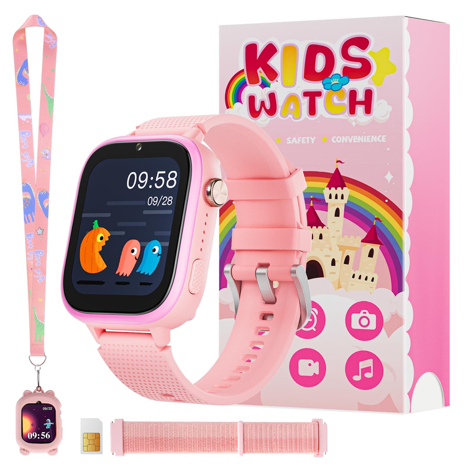 OKYUK 4G Kids Smart Watch, 15 Exciting Games, Two-Way Calling Feature, SOS Emergency Call Button Ideal for Kids Aged 3-12, for Boys & Girls (Pink)