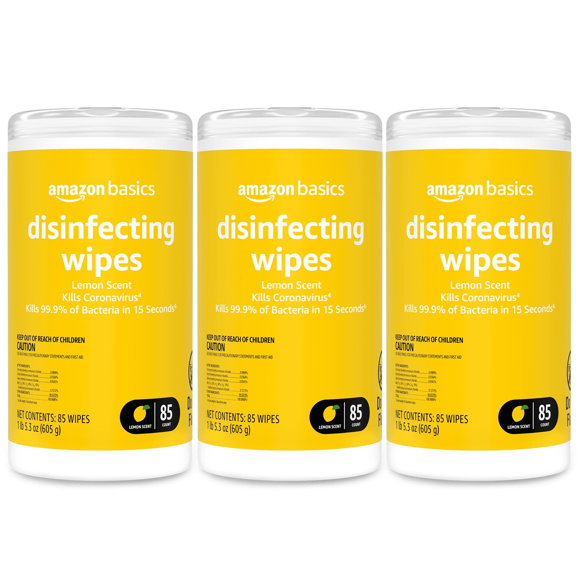Disinfecting Wipes, Lemon Scent, Sanitizes/Cleans/Disinfects/Deodorizes, 255 Count (3 Packs of 85)