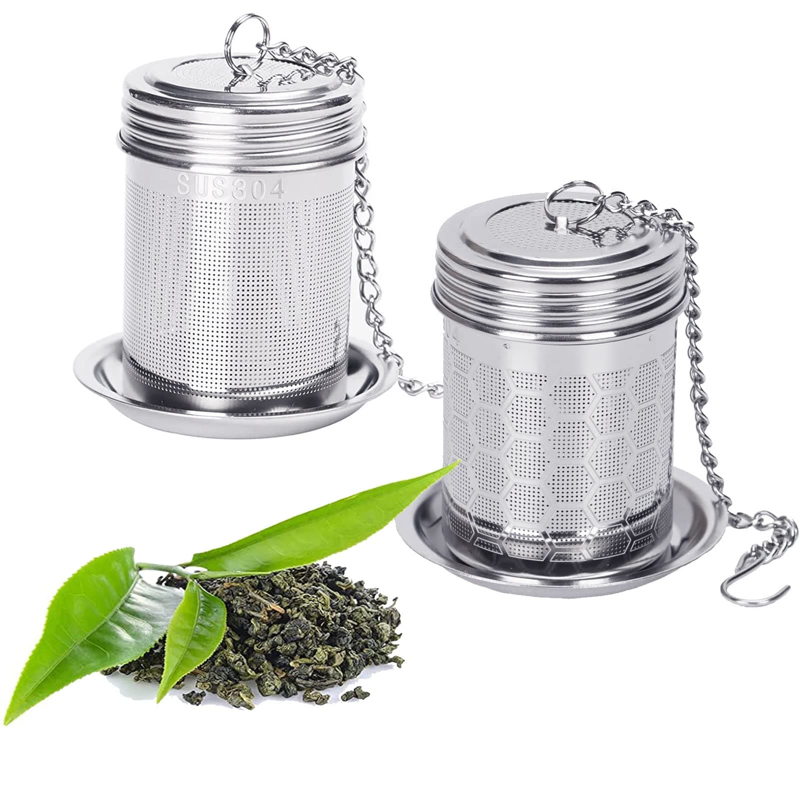 2PCS Premium Stainless Steel Tea Strainers for Loose Tea,Tea Mesh Strainer with Lid and Drip Tray,Loose Leaf Tea Infuser with Chain Hook, Coffee Strainer to Brewing Steeping Loose Leaf