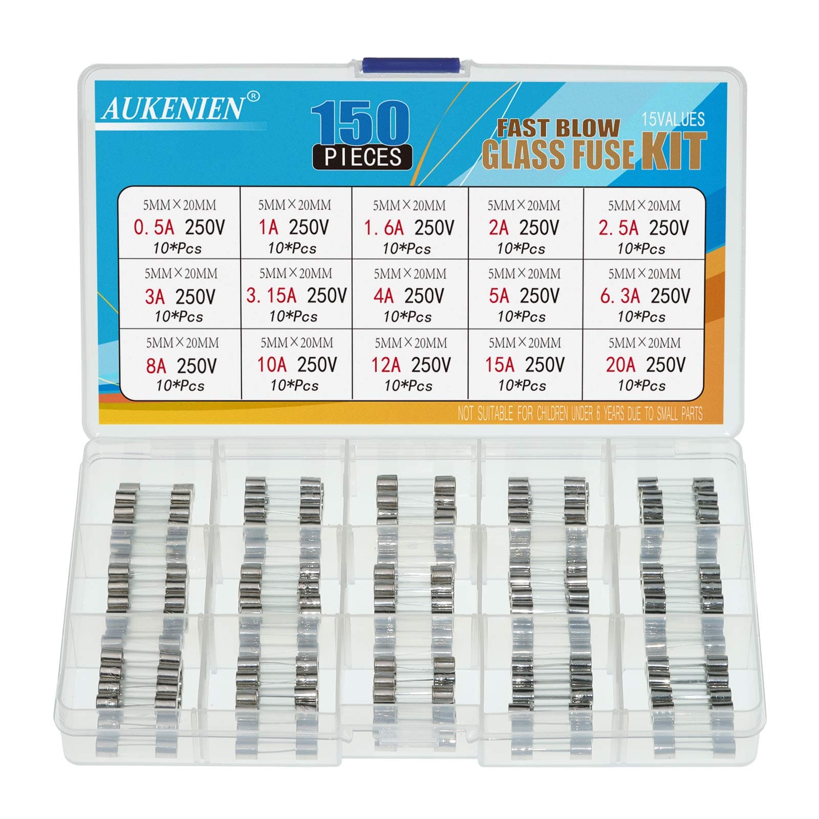 AUKENIEN Fast Blow Glass Fuses Kit 15 Value 150 Pcs 0.5A 1A 1.6A 2A 2.5A 3A 3.15A 4A 5A 6.3A 8A 10A 12A 15A 20A 250V Quick Fuse Assortment 5x20mm 0.5 1 1.6 2 2.5 3 3.15 4 5 6.3 8 10 12 15 20 Amp