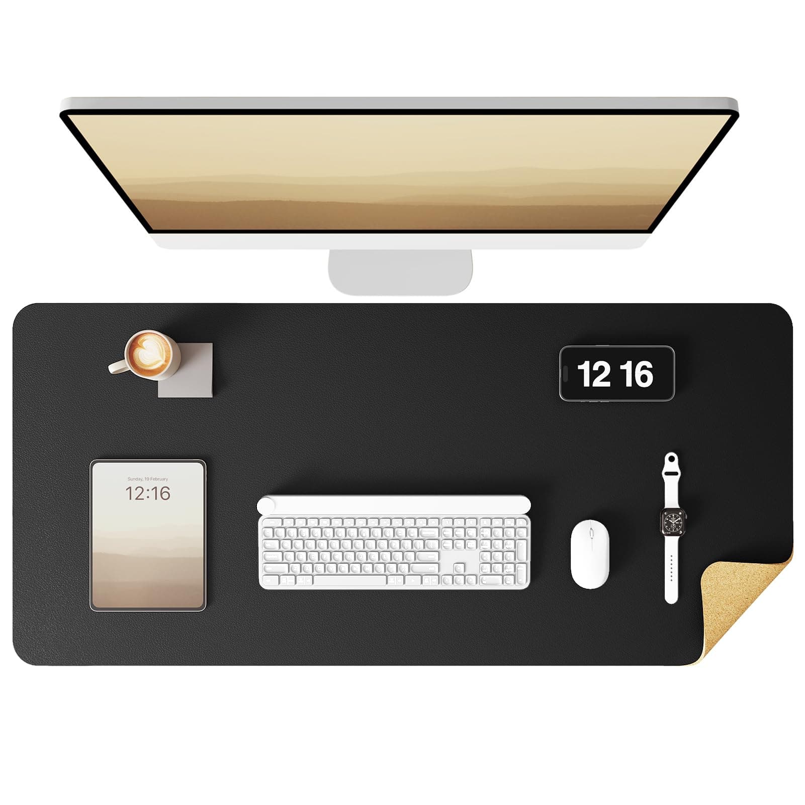Double-Sided Desk Pad, 31.5"x15.7"Leather Desk Mat, Eco Cork Desk Pad Protector,Large Mouse Pad,Waterproof Desk Blotter for Office/Home(Black)