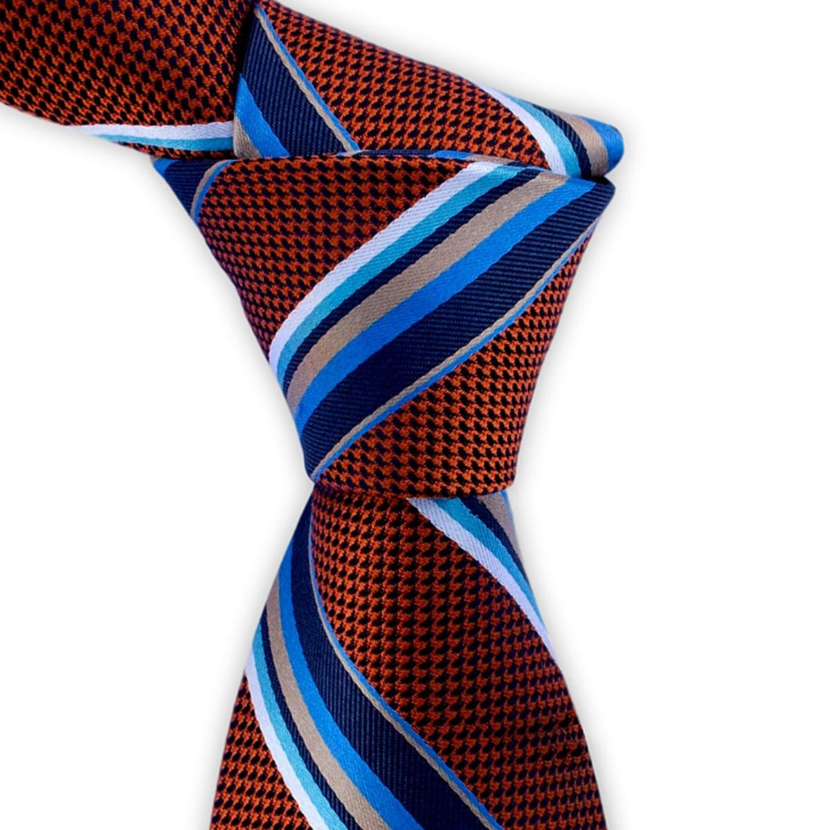 Burnt Orange Silk Tie with Light Blue and Navy Blue Stripes by TieThis | Jacob