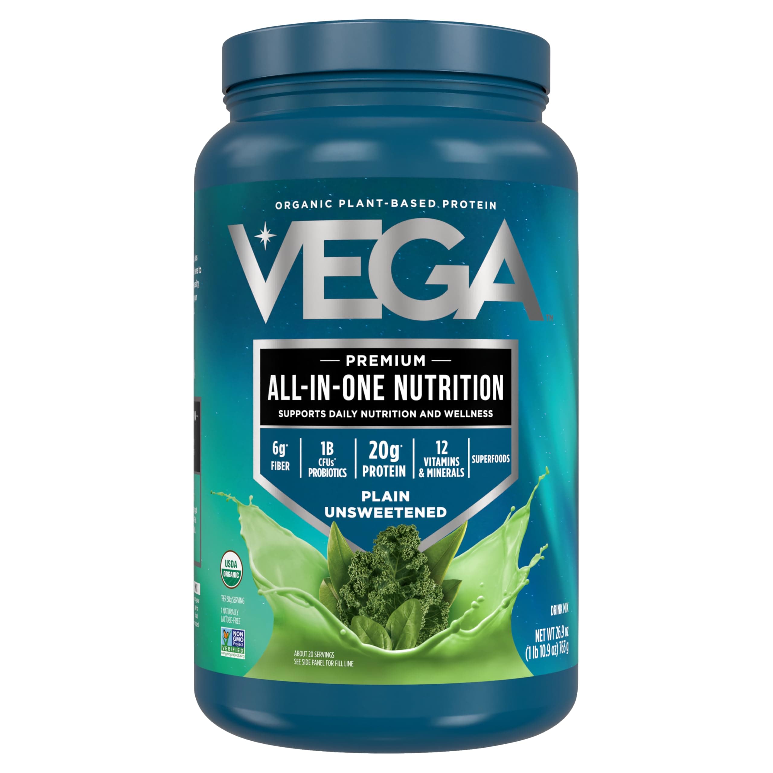 All in One Nutrition Organic - 20g Plant-Based Pea Protein, Unsweetened, 20 Servings, Vitamins A & C, Probiotics, Greens, Vegan, Keto, Gluten Free, 26.9oz (Packaging May Vary)