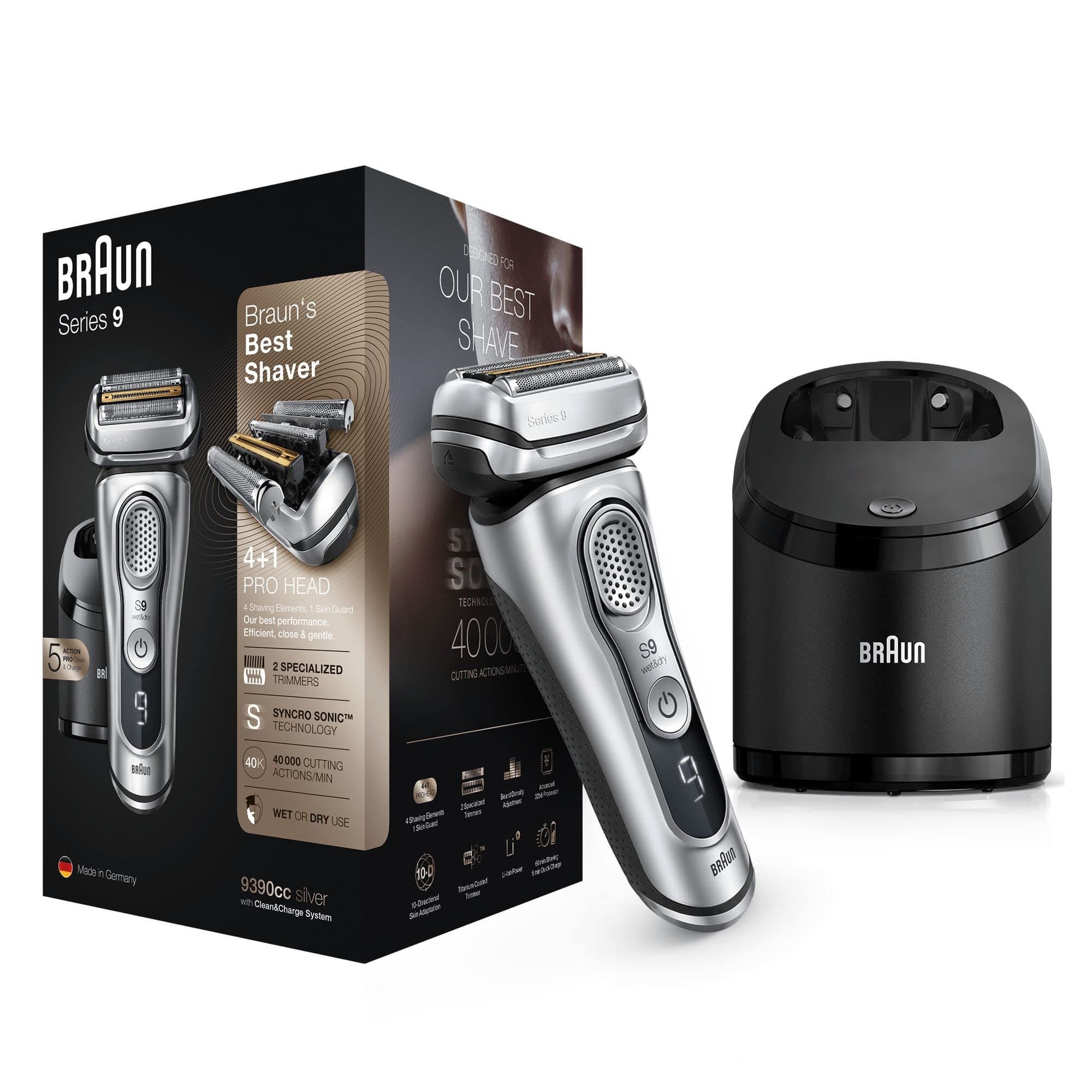 Series 9 Electric Shaver, With Clean & Charge Station & Leather Case, Flawless Shave, 100% Waterproof, Gifts for Men, 2 Pin Bathroom Plug, 9390cc, Silver