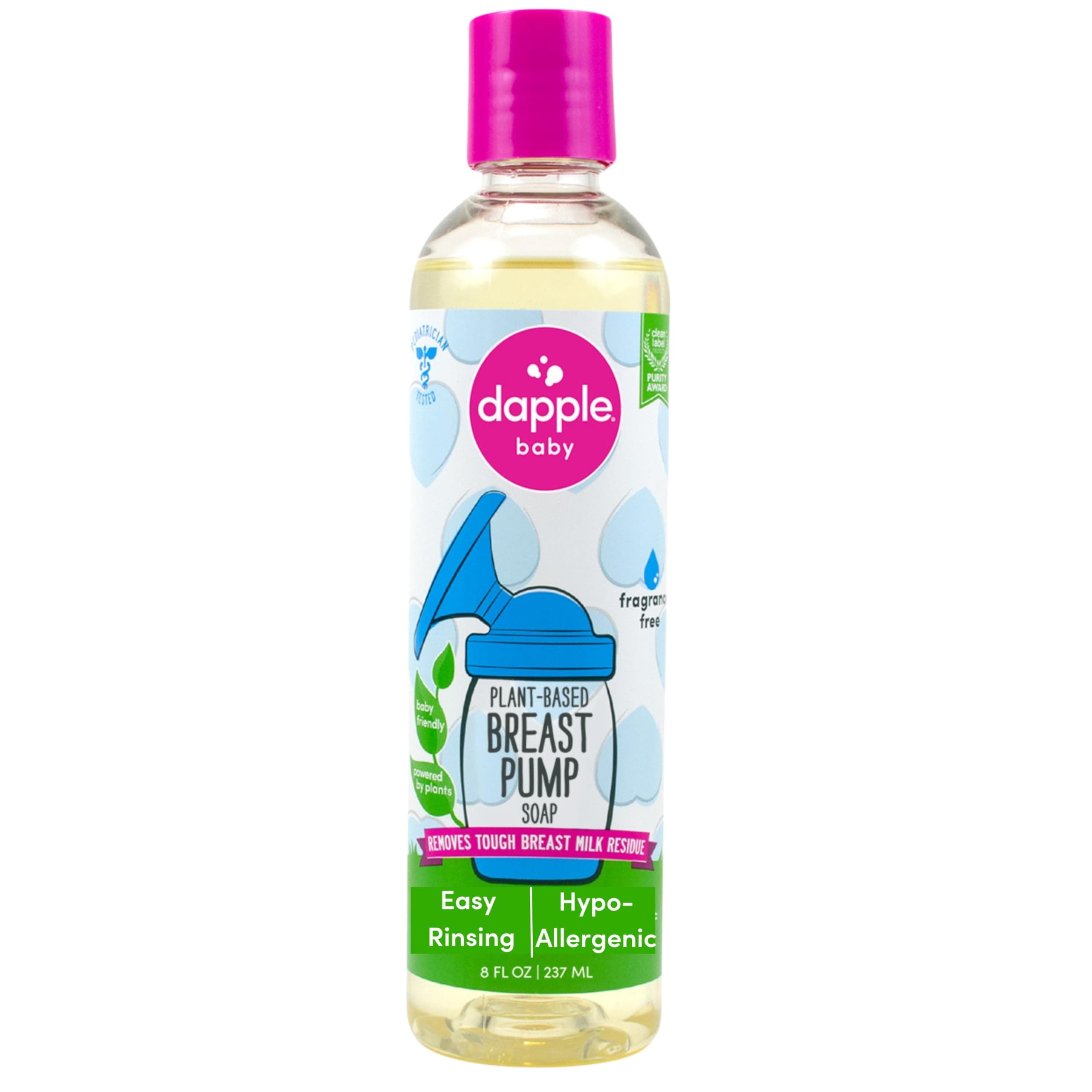 Dapple Breast Pump Soap Baby, 8 Fl Oz Bottle, Fragrance Free, Plant Based & Hypoallergenic Liquid Soap - Easy Rinse Formula Removes Milk Residue & Leaves No Taste