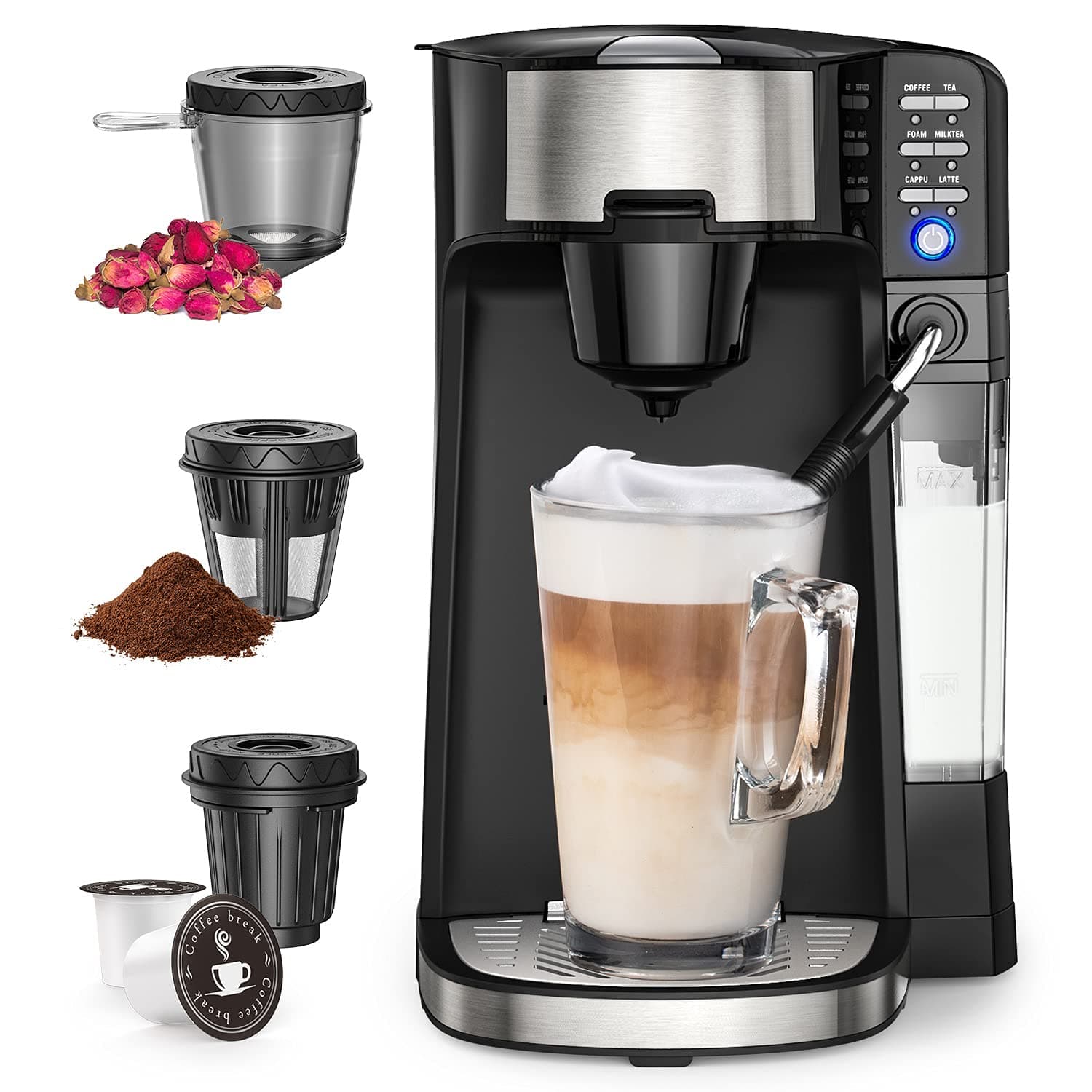 6 In 1 Coffee Maker With Milk Frother, Single Serve Coffee, Tea, Latte and Cappuccino Machine Compatible With Capsule & Ground Coffee, Compact Coffee Brewer with Dishwasher Safe Milk Frother Coffee Maker