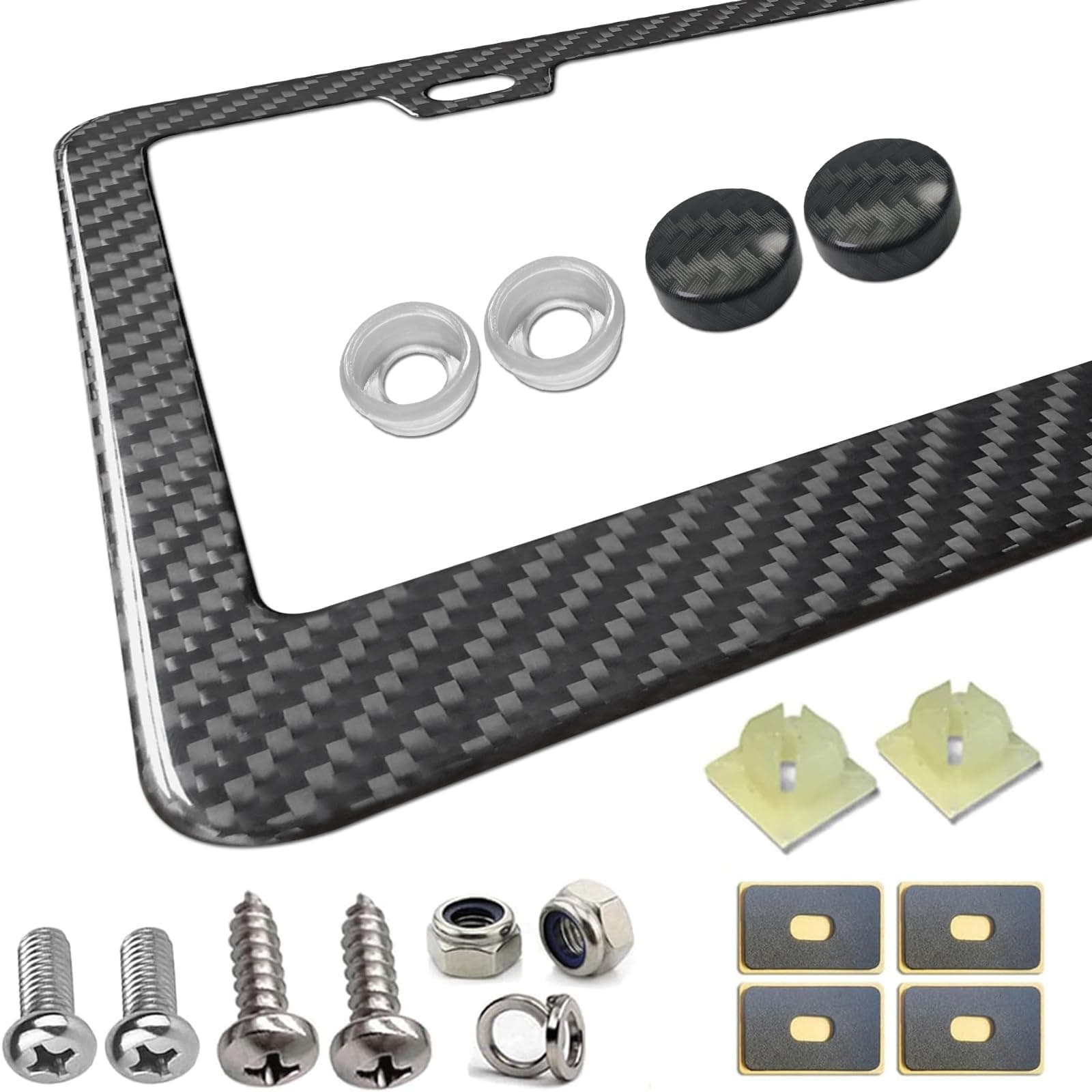 Aootf Carbon Fiber License Plate Frame- Handcrafted of 100% Real Carbon Fiber Cloth Wrap Stainless Steel Frame | Rustproof License Plate Screws with CF Screw Caps | Gloss Black 2 Holes | 1 Pack