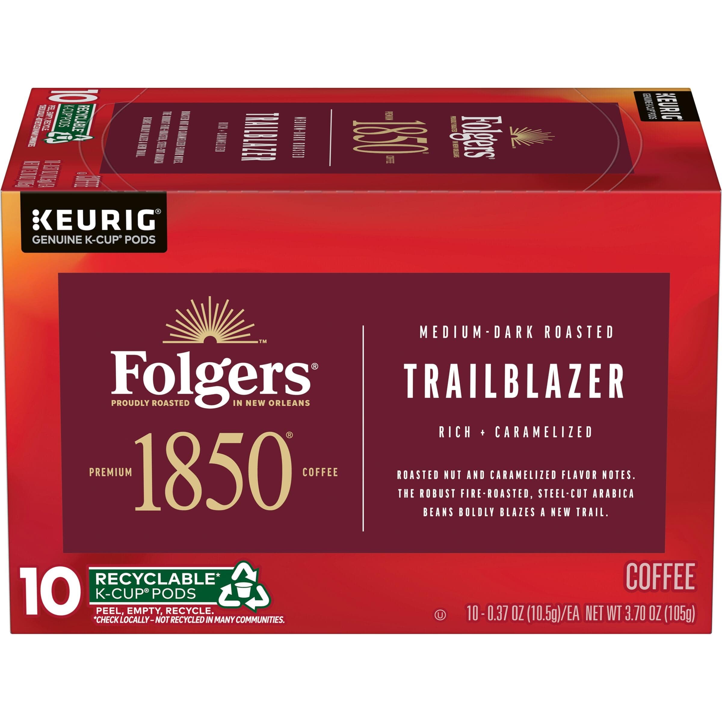 1850 by Folgers Trailblazer Medium Dark Roast Coffee, 10 Keurig K-Cup Pods