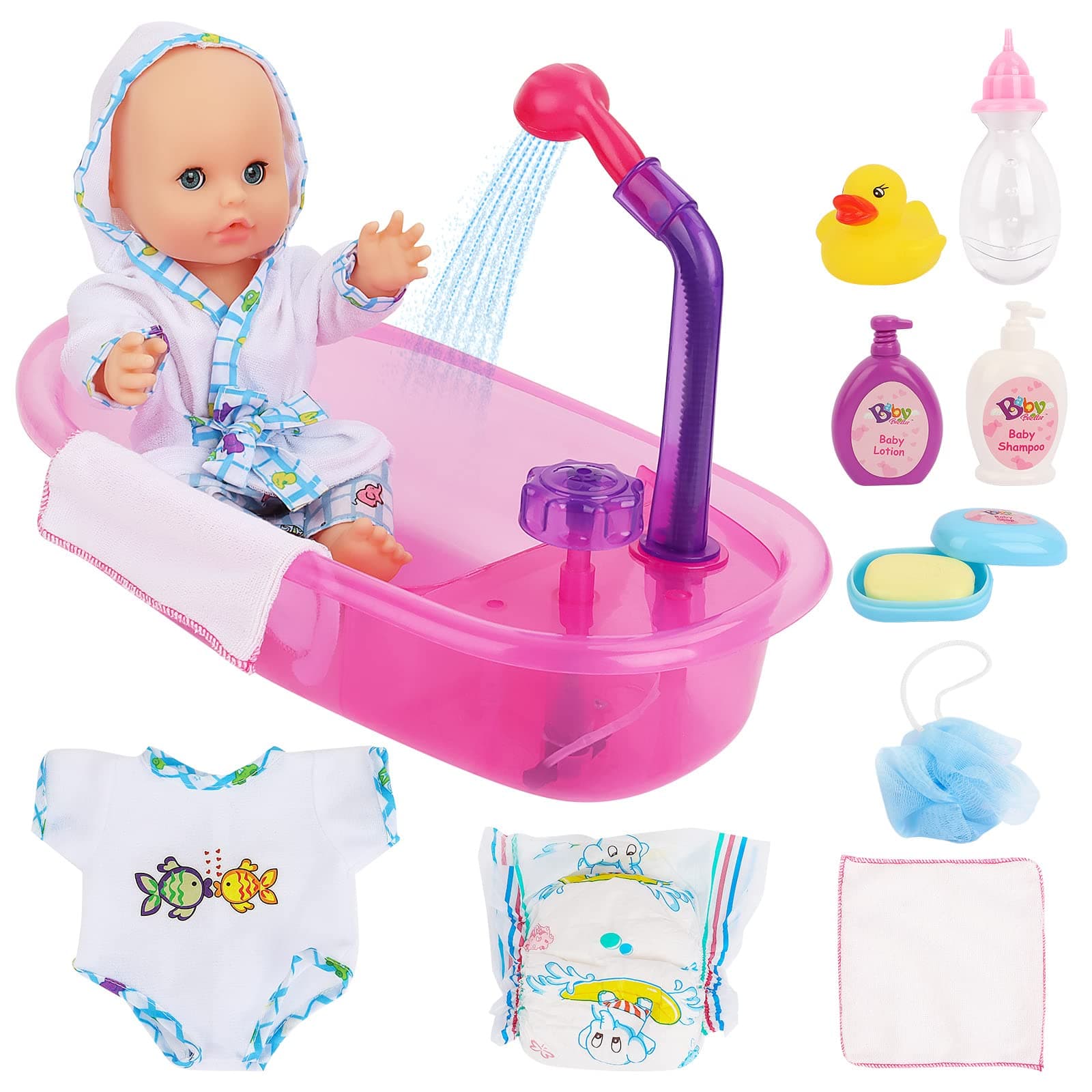 deAO Newborn Doll Bath Set - Real Working Bathtub with Removable Shower Spray, Toy Gift Set for Kids Ages 3 and Up