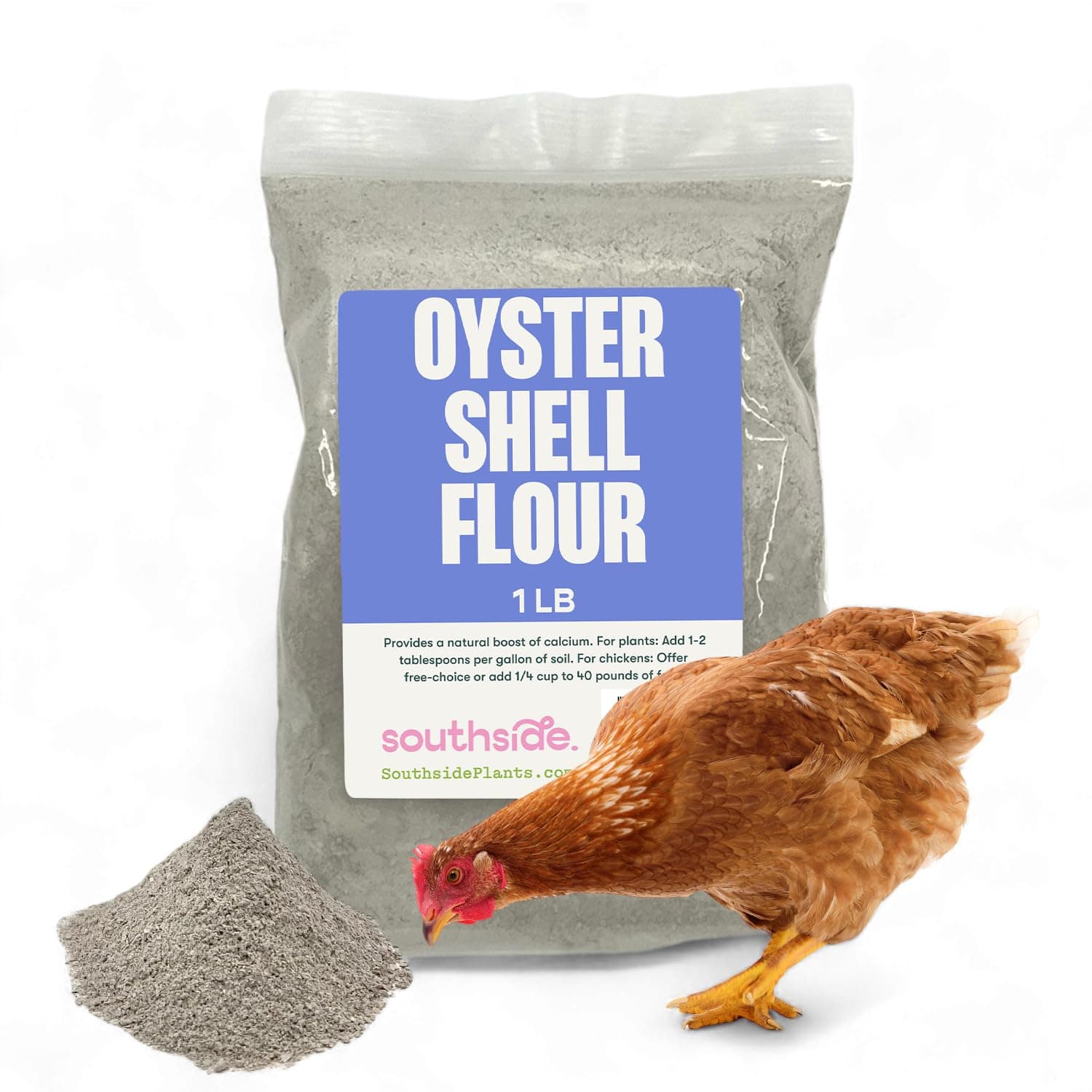 Southside Plants Oyster Shell Flour - High Calcium Supplement for Chickens, Amphibians, Reptiles, Mammals, Invertebrates & Birds - Harvest Delight Chicken Scratch | 1 lbs (1 lb)