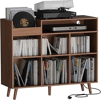 Cozy Castle Large Record Player Stand with Vinyl Storage Cabinet, Wood Turntable Table Open Shelf Holder Up to 500 Albums Cube Storage Organizer for Living Room, Office, Brown