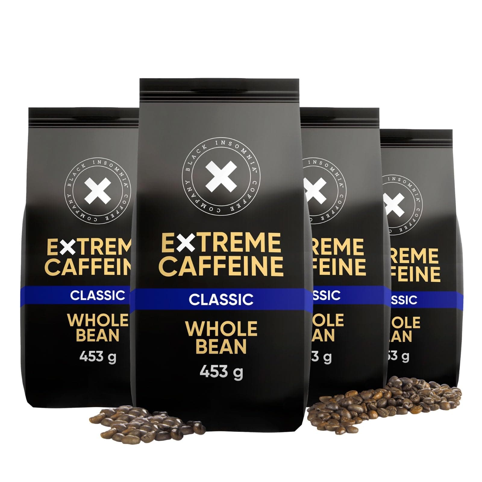 Black Insomnia High Caffeine Coffee Beans I 1105 mg Caffeine per Cup I Strongest Coffee in the World for Maximum Energy I 100% Robusta Beans I Low Acid, Medium Roast, Classic Flavour, 4 x 453g