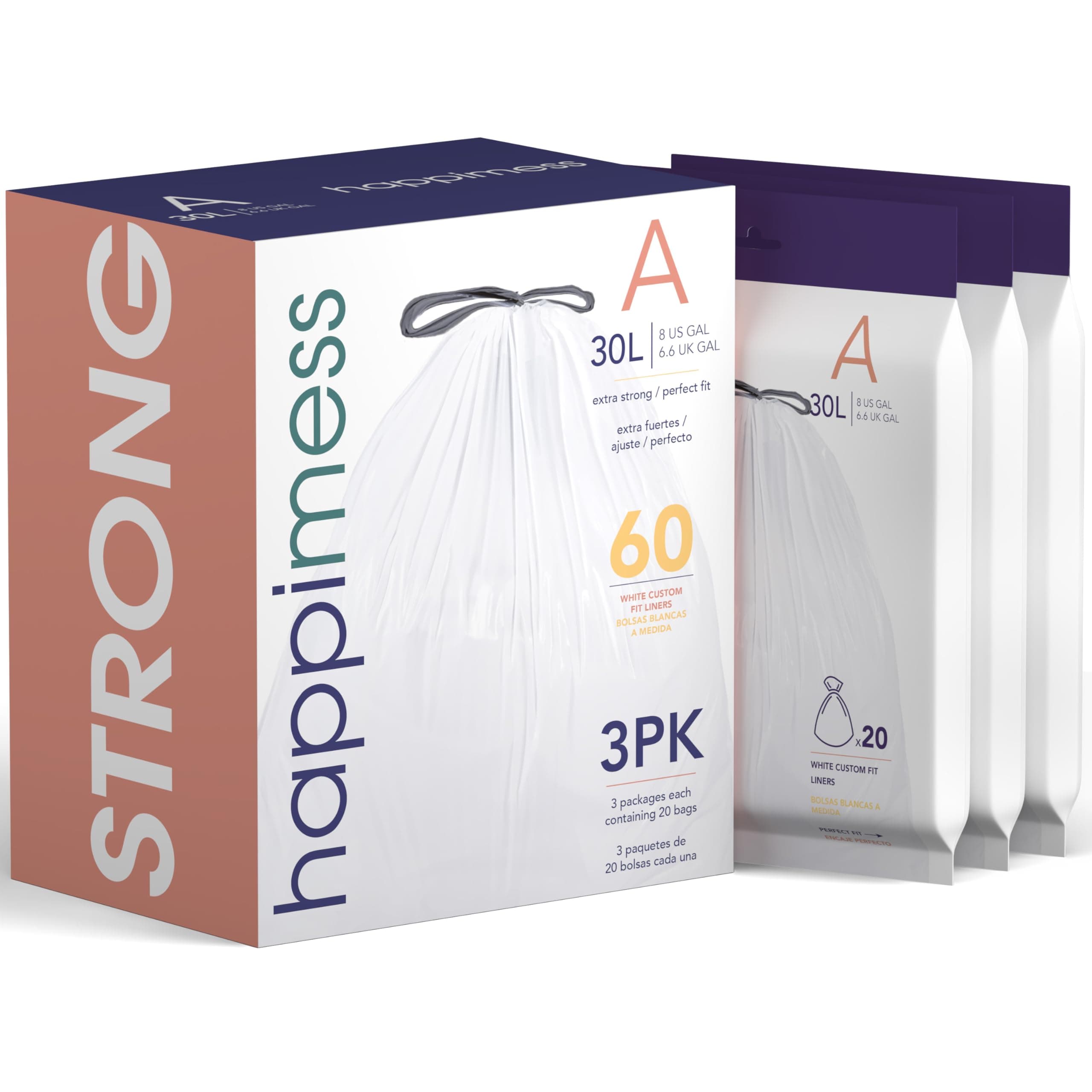 HPM3000A-WHITE 7.9 Gallon Kitchen Drawstring Trash Bags, Trash Can Liner, White, 60-Count, 3-Packs of 20 Liners