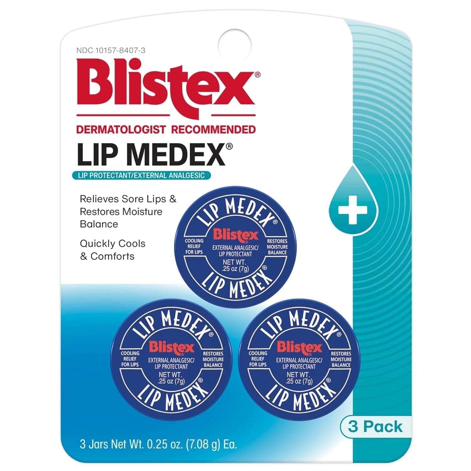 Lip Medex, 0.25 Ounce, Medicated Relief with Immediate Cooling, Soothes and Protects, Advanced Hydration, Restores Healthy Moisture Balance to Lips, 3 Count, 1 Pack