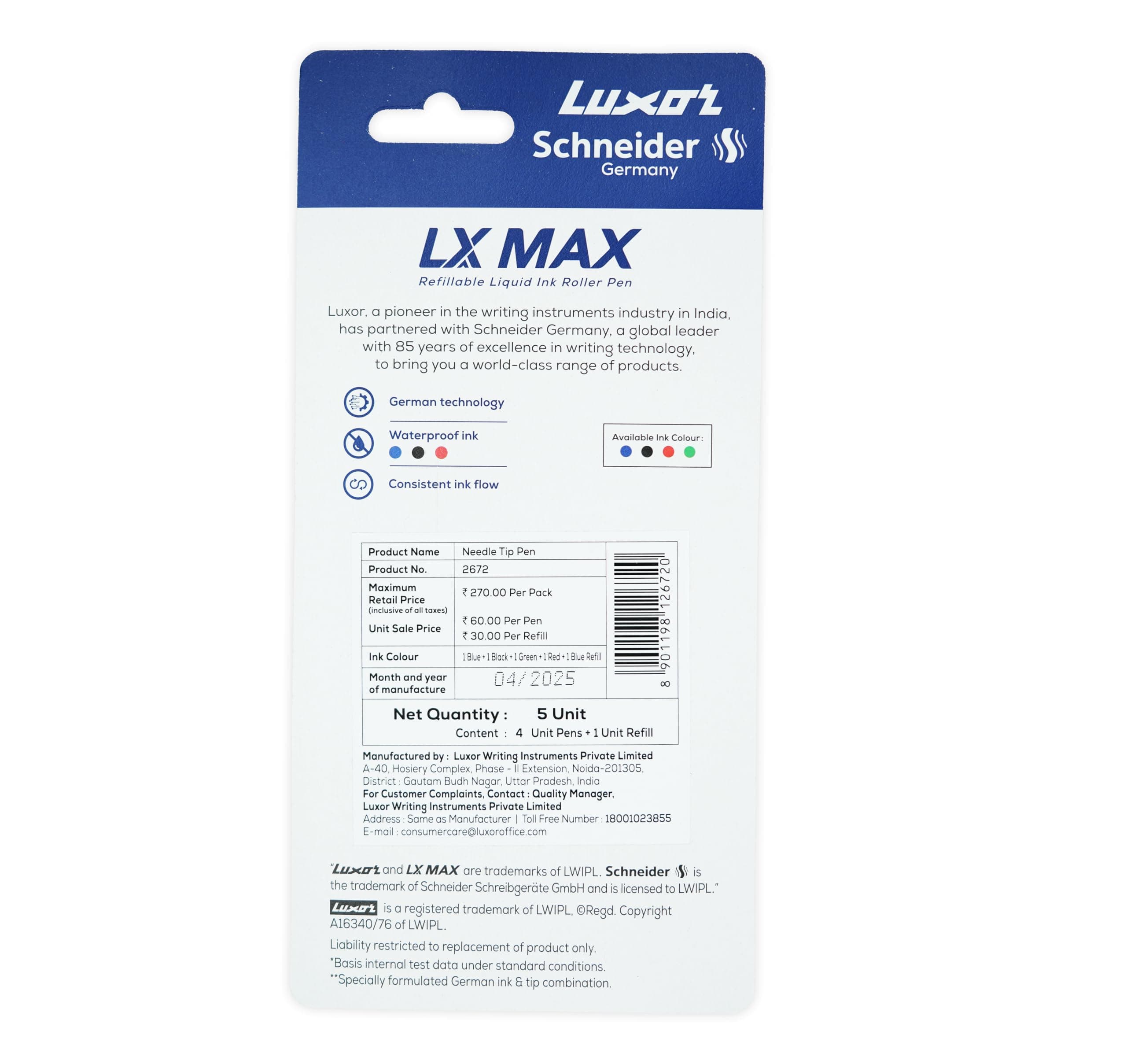Luxor Schneider, LX MAX roller ball pen, Pack of 4-Assorted+1 Refill, Needle Tip, 0.5mm, 100% German Technology, 1000+ mtrs writing length, Waterproof Ink, Ideal for Students & Professionals