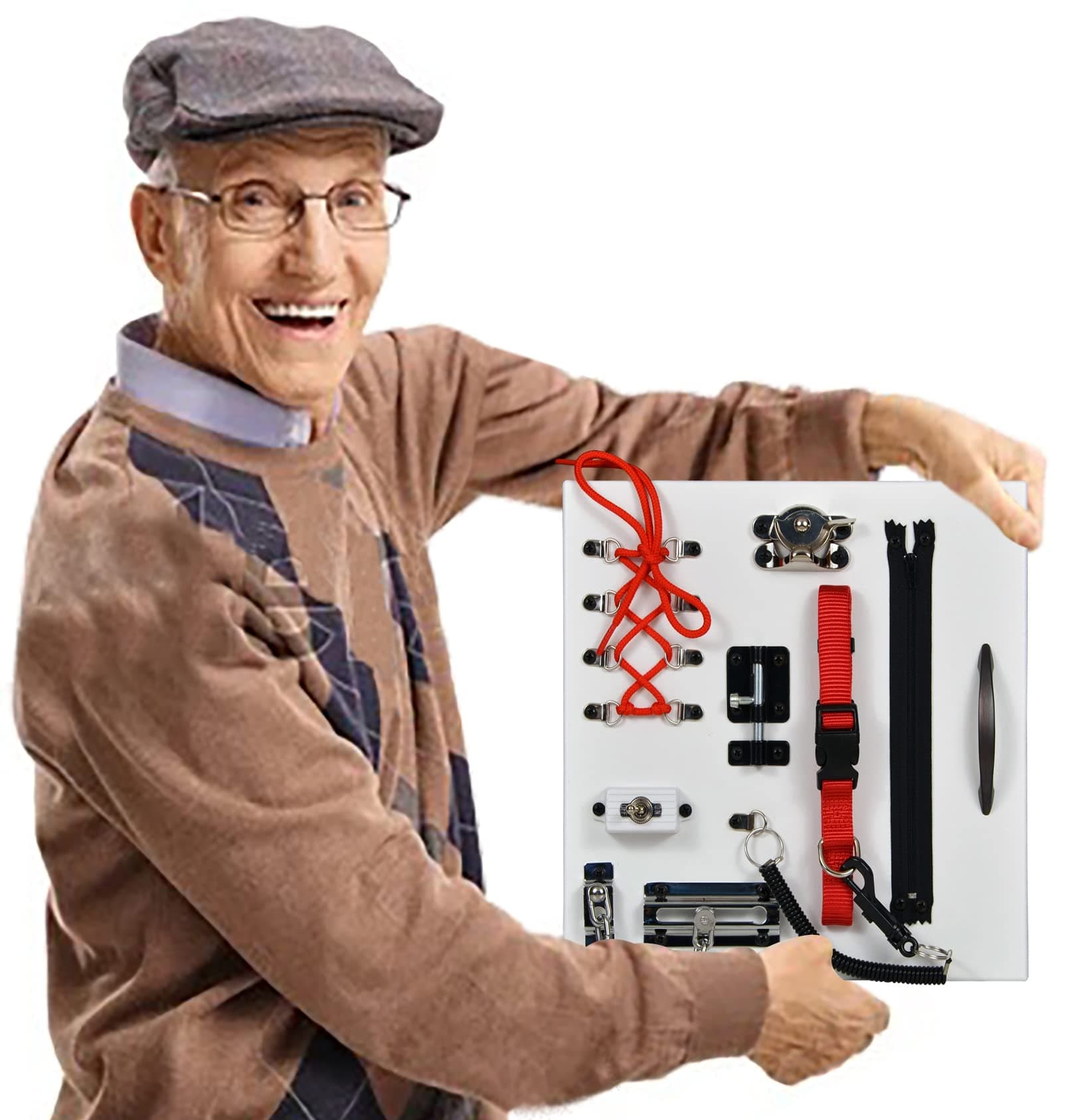 Fidget Board Activity Center for Seniors with Memory Loss, Alzheimer's & Dementia. Hand Crafted in the U.S.A. – Portable & Calming. Overall Size : 11.5" x 11.5" with Carrying Handle. White with Red