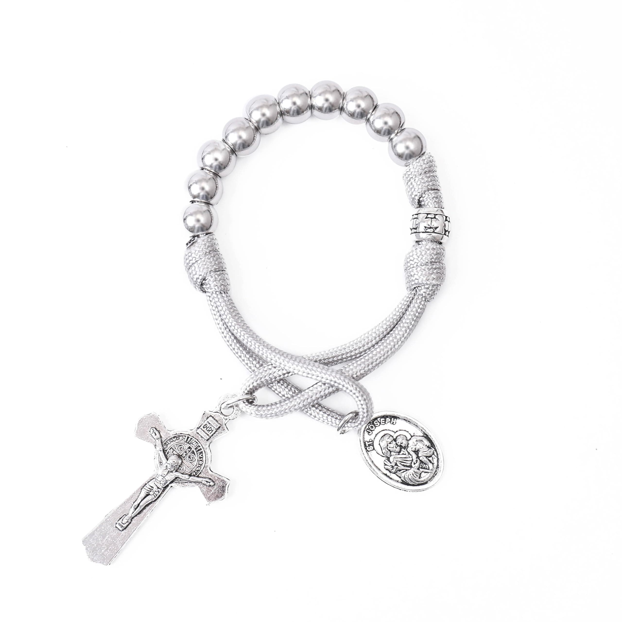 Strong Military One Decade Paracord Rosary Silver Beads Pocket Car Rosary Pray For Us St. Joseph Medal & St. Benedict Cross
