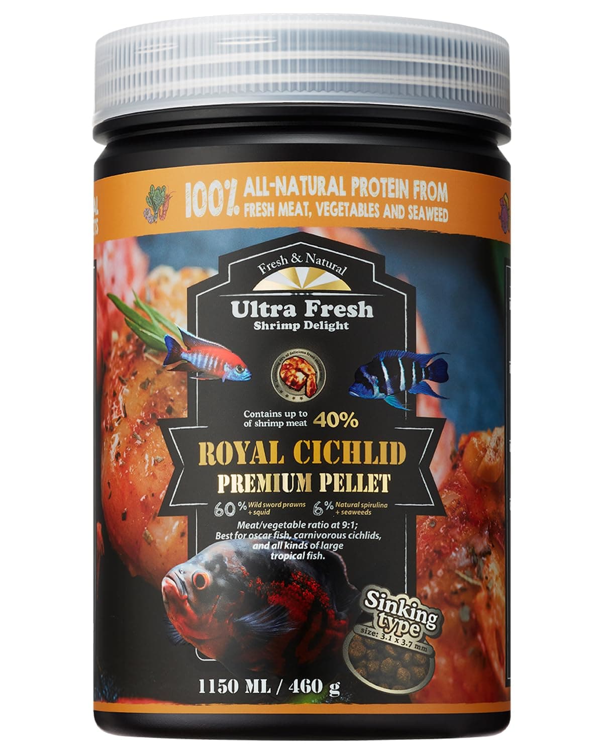 Royal Cichlid Premium Sinking Fish Food, Wild Sword Prawns, All Natural Ingredients, Carnivore Pellets for Large Tropical Fish, 16 oz