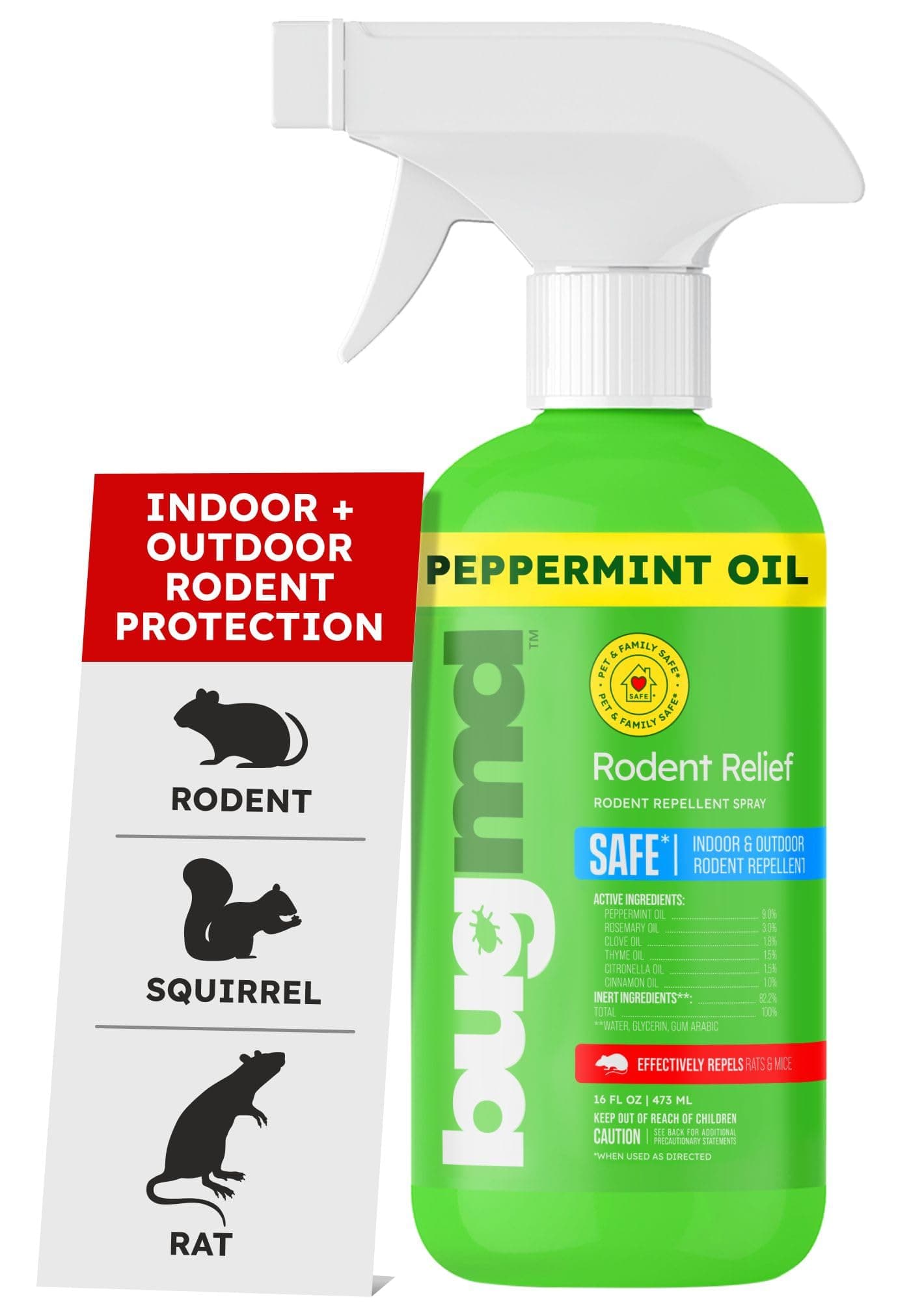BugMD Peppermint Oil Spray for Rodents - 16oz Mouse Repellent & Rodent Repellent Spray, Natural Mice Repellent with Cinnamon, Clove, and Rosemary Oils - Safe Indoor & Outdoor Use