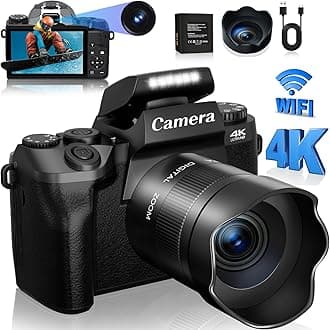Cameras for Photography, 4K 64MP Vlogging Camera for YouTube, Autofocus Digital Camera with Large 4.0“ Touchscreen 16x Digital Zoom, Dual Camera, 3000mAH Battery, Lens Hood, 32G Memory Card, Black