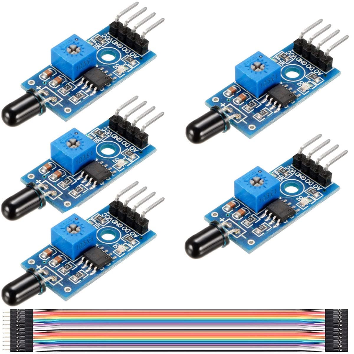 5 pcs 3.3V-5V IR Infrared Flame Sensor Module 4 Pin Infrared Detection Module Detecting Distance 80cm with DuPont Cable for Arduino