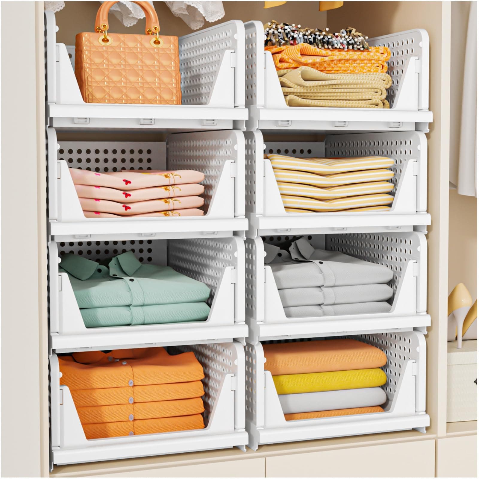SNSLXH 4-Pack Stackable Closet Organizer Storage Basket, Versatile Clothing Storage Drawers, Easy to Assemble shelves for Closet, Durable & Space-Saving, Perfect for Home & Office (White)