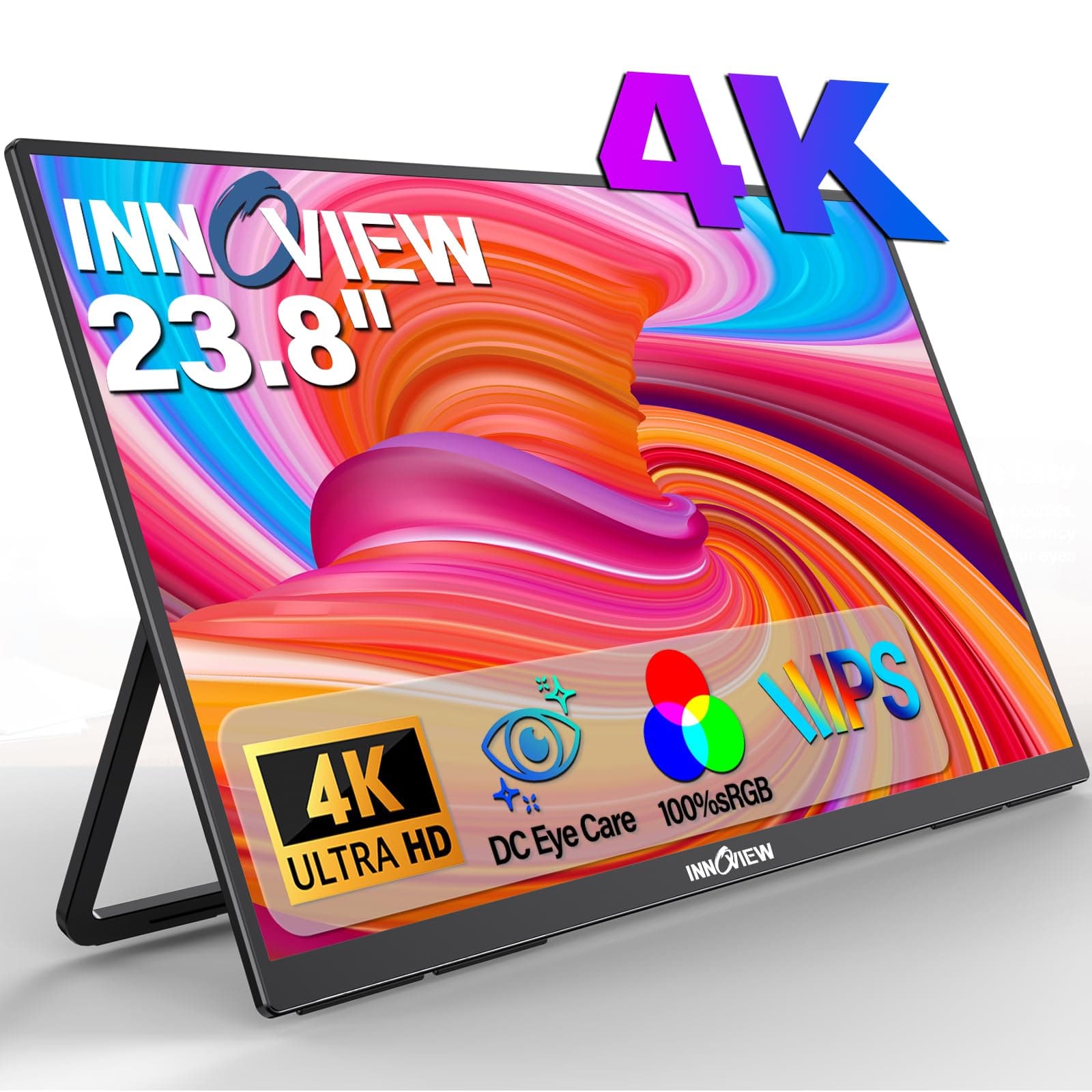 Innoview 23.8” 4K Large Portable Monitor, UHD (3840*2160) 100%sRGB IPS Speakers USB-C HDMI Work Home Second Monitor W/180°Adjustable Stand for Laptop, Desktop, Macbook, Phones, Tablet, PS5/4, Switch