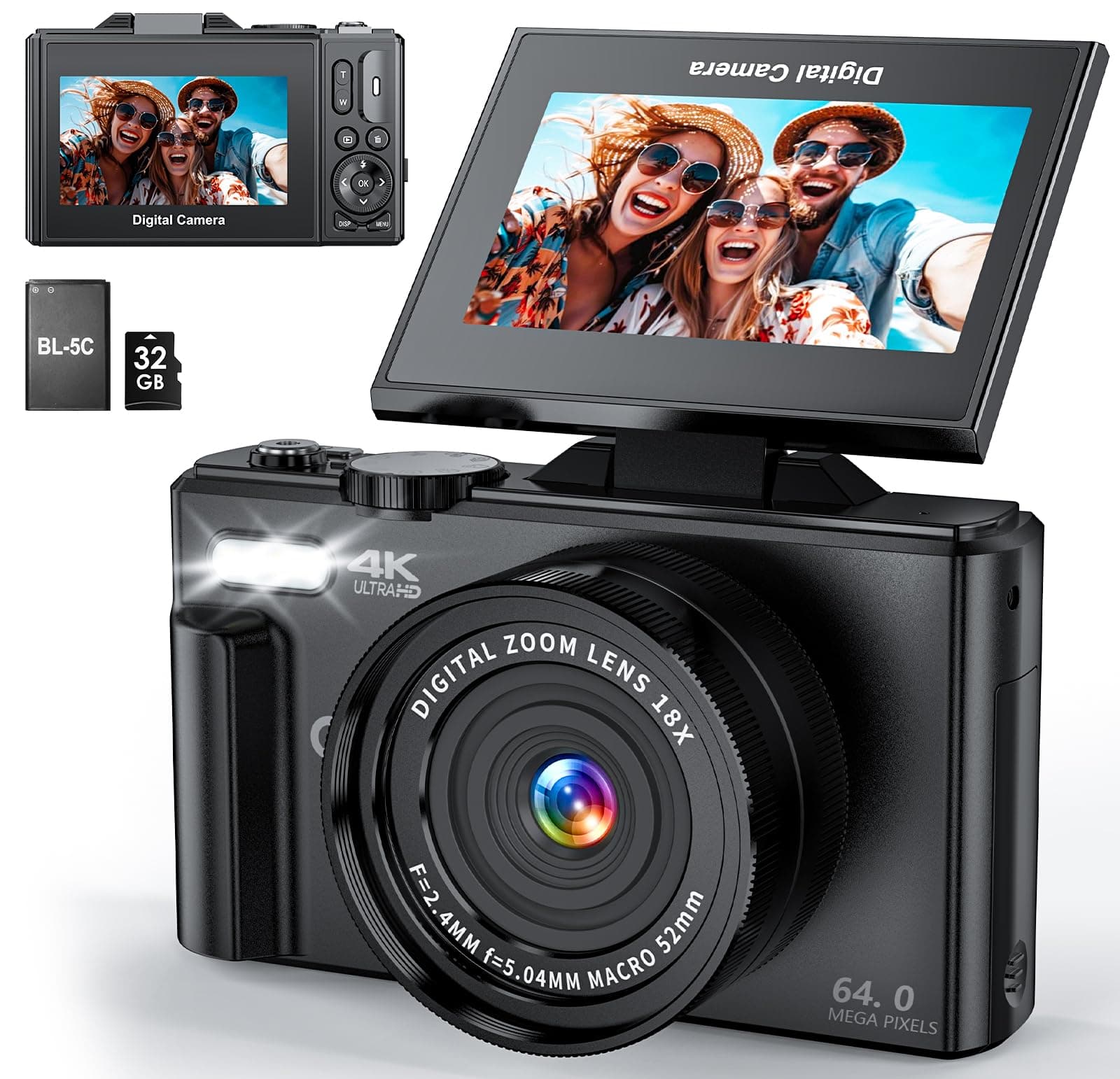 4K Digital Camera for Photography, WiFi 64MP UHD Vlogging Camera with 18X Digital Zoom, Super Wide-Angle Lens, 3" 180° Flip Screen, 32GB SD Card, Black