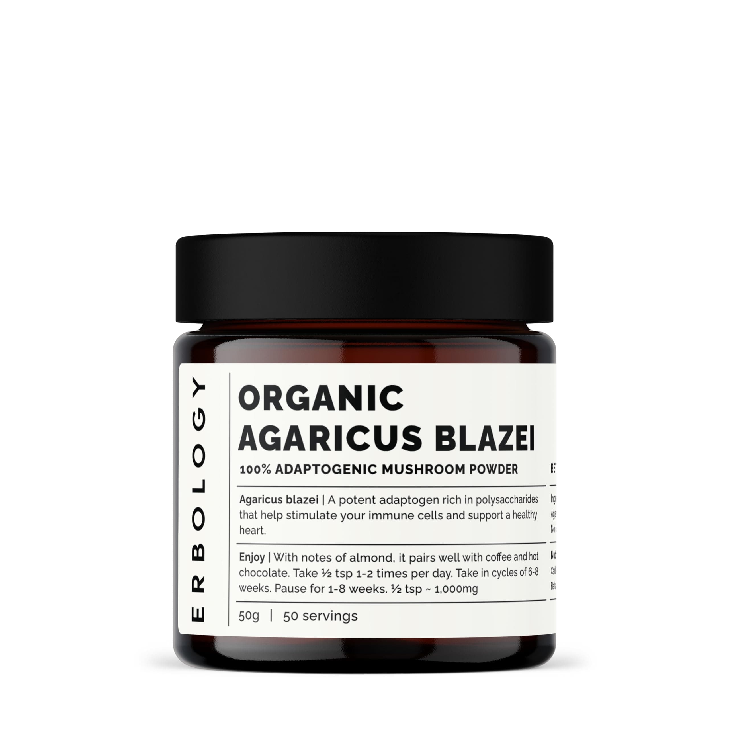 Erbology Organic Agaricus Blazei Mushroom Powder 50 Servings - 25% Beta-glucans - Immunity and Heart Support - Small Batch - Sustainably Grown in Europe - Vegan - Non-GMO - No Added Fillers