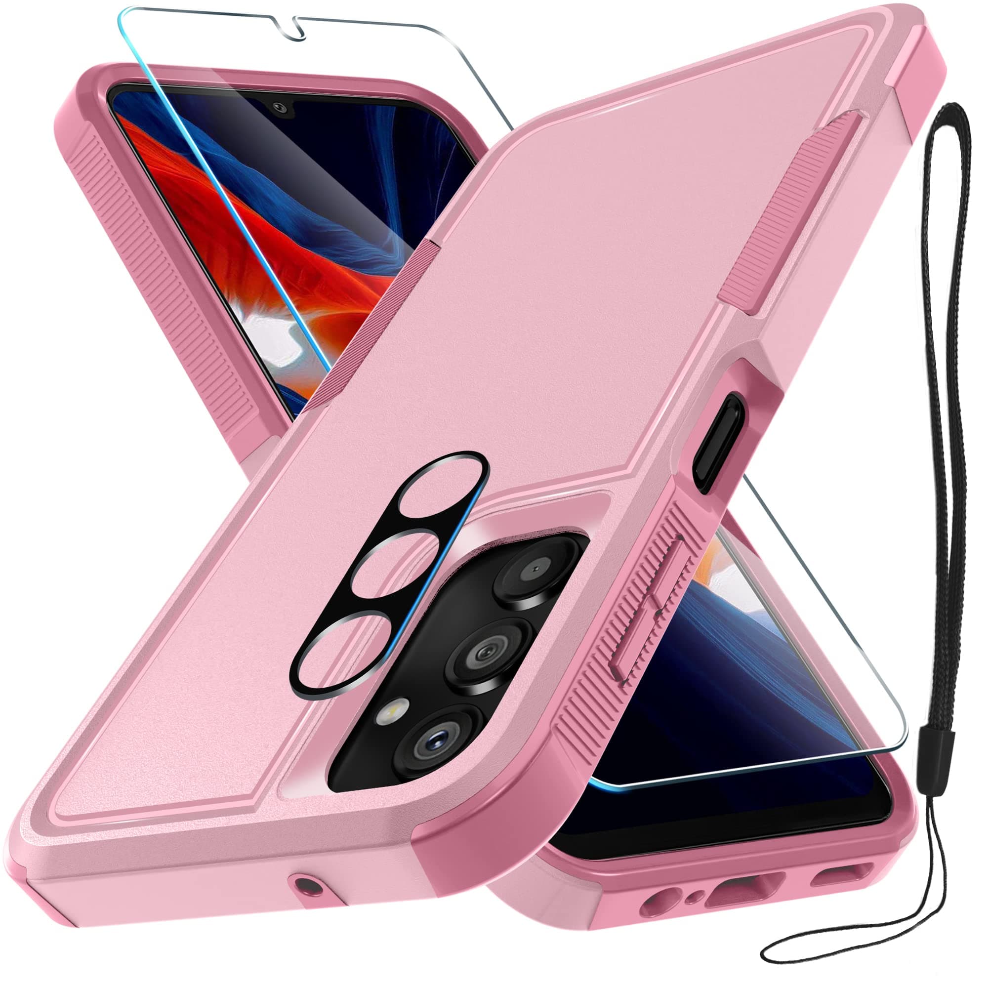 RMOCR for Samsung Galaxy A14 5G Case with 1 Pcs Tempered Glass Screen Protector and 1 Pcs Camera Lens Cover,Heavy Duty Rugged Shockproof Full Body Protective Phone Cover,Cute Pink