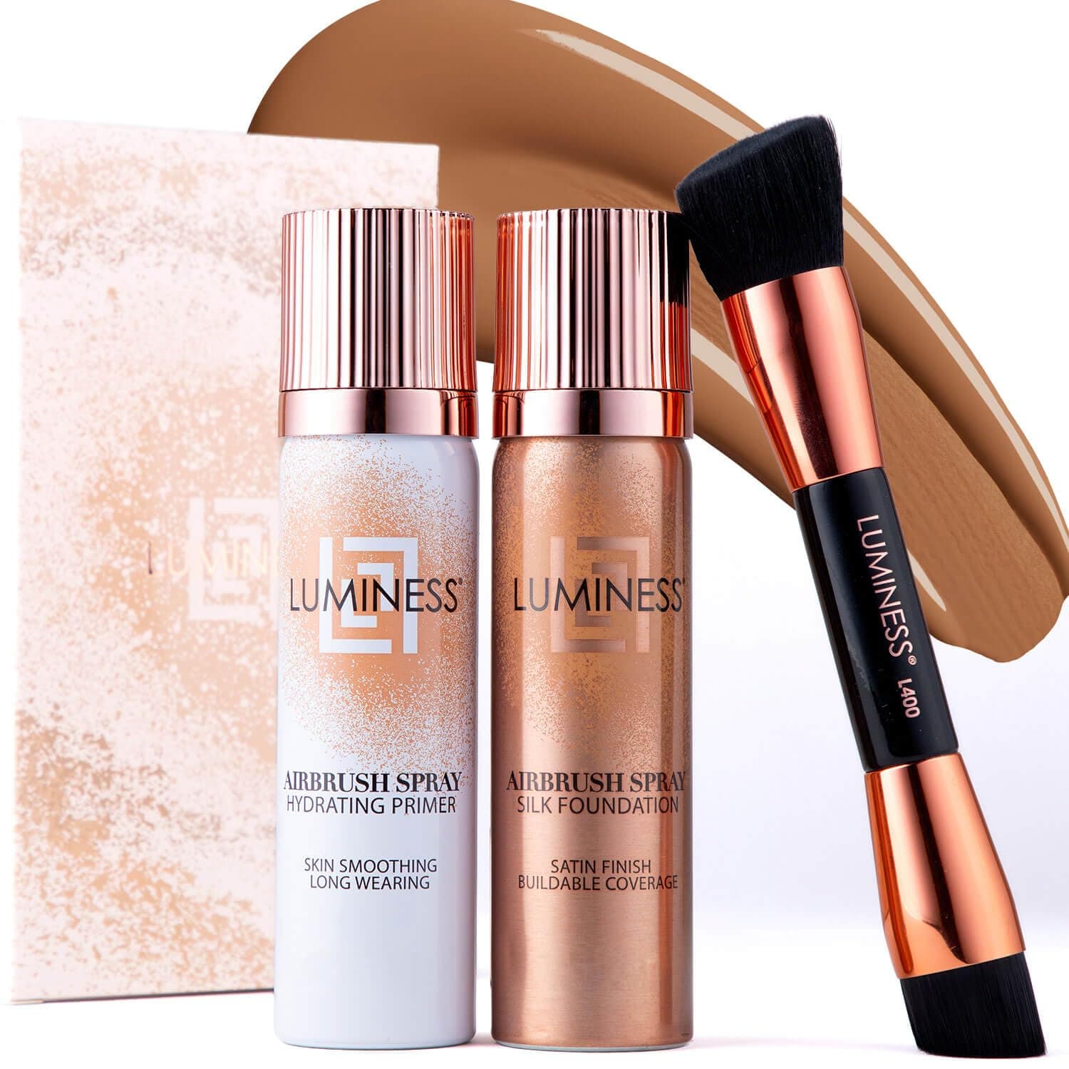 Airbrush Spray Silk Foundation Starter Kit - Tan - Foundation, Primer & Dual-Sided Angled Buffing Brush - Medium, Buildable Coverage, Anti-Aging Formula Hydrates & Moisturizes