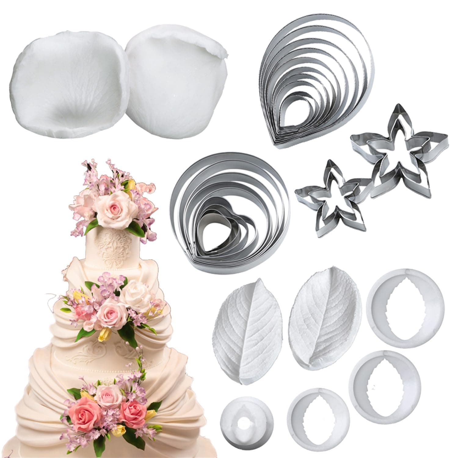 31Pcs Austin Rose Cutter Set Rose Petals Silicone Fondant Mould Veining Petal Sugar Flower Making Tool