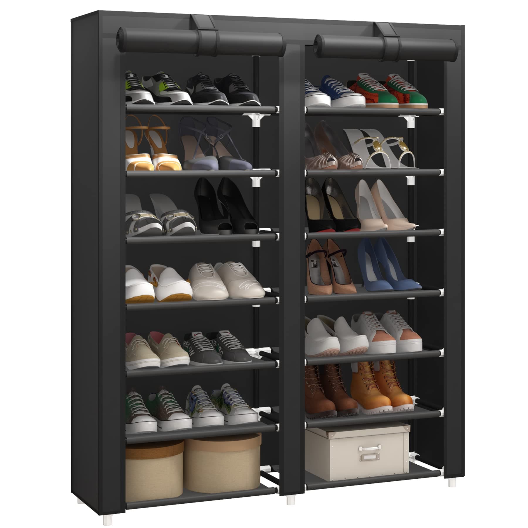 JIUYOTREE 7-Tier Shoe Storage Organizer with Dustproof Cover - Closet Cabinet Shelf Holds up to 28 Pairs - For Doorway, Corridor, Balcony, Living Room - Black