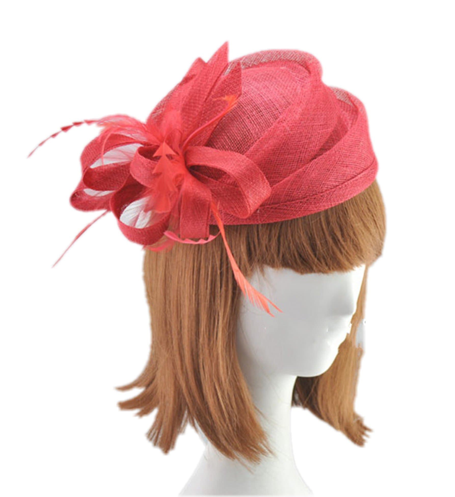 Spikerking Women's Fascinators Small Feather Yarn Hat (One Size, Red)