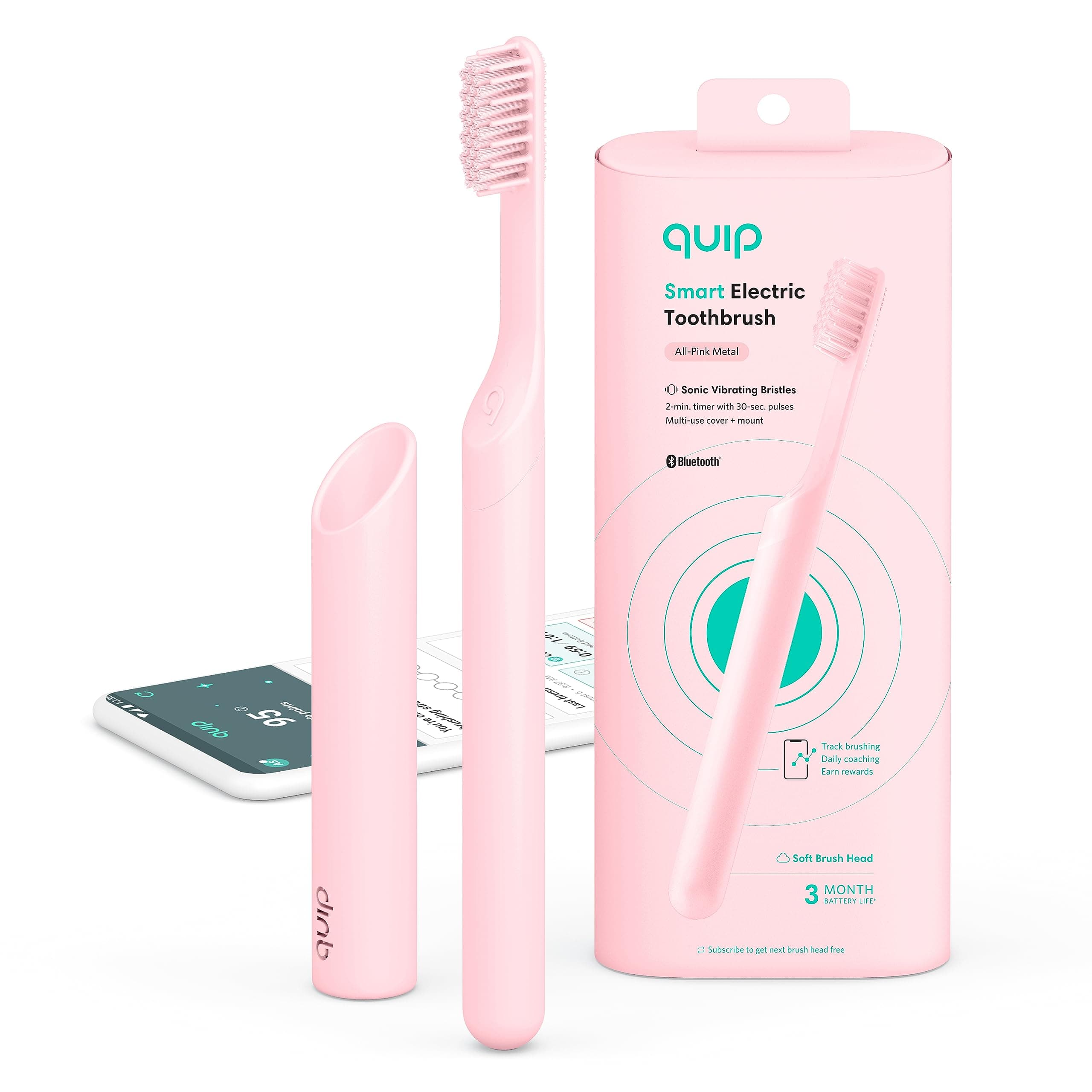 Adult Smart Electric Toothbrush - Sonic Toothbrush with Bluetooth & Rewards App, Travel Cover & Mirror Mount, Soft Bristles, Timer, and Metal Handle - All-Pink