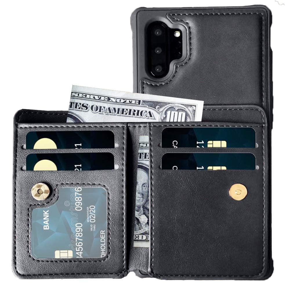 Galaxy Note 10 Plus Wallet Case 4 Card Holders 3 Cash Pockets Premium PU Leather Magnetic Button Reinforced Shockproof Case for Samsung Galaxy Note 10 Plus 5G 2019 (Black)