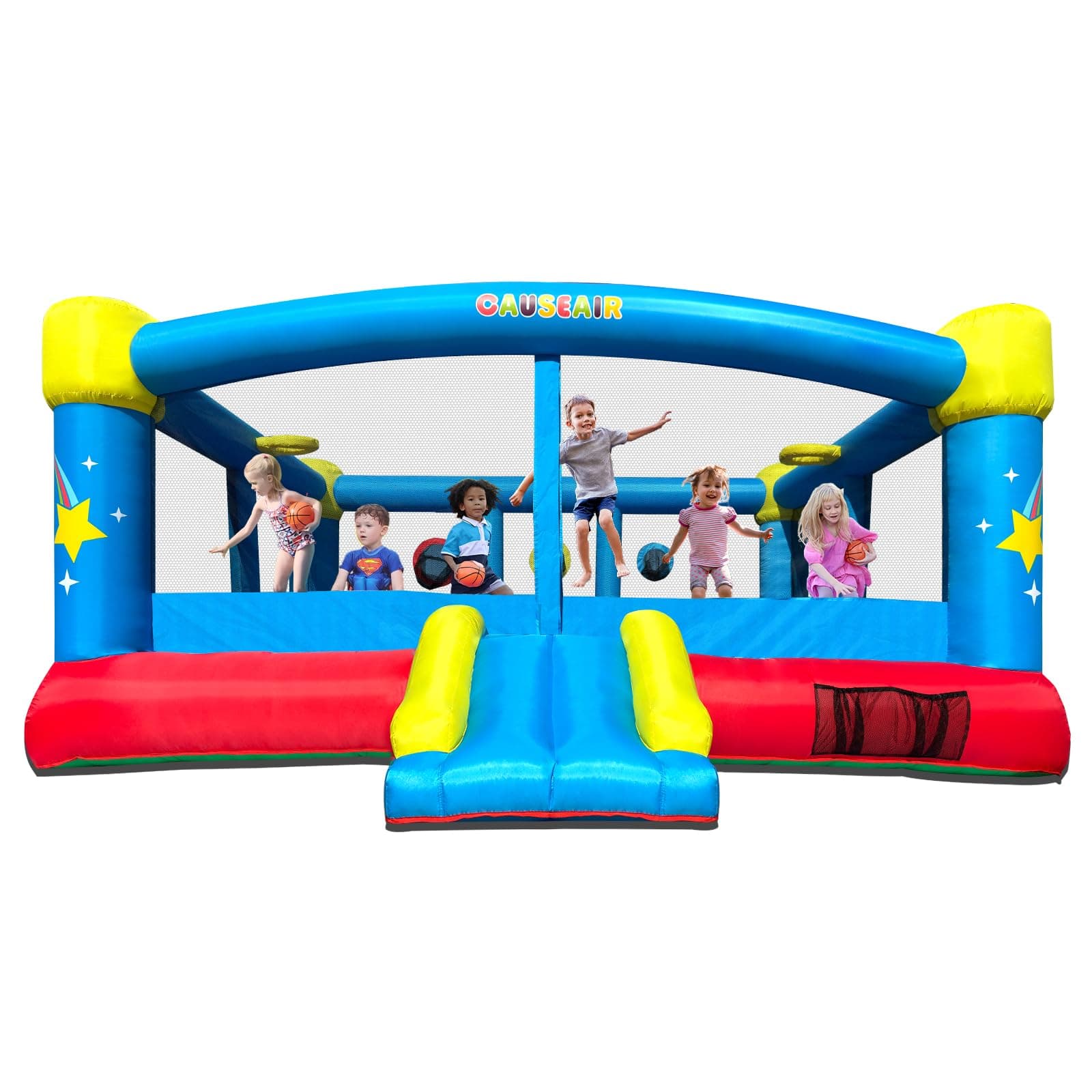 Big Inflatable Bounce House for Party Fun,15ft x 14.8ft,Double Basketball Hoop,Throw Ball Game,Reinforced PVC Bounce Floor,Jumping Bouncy Castle Holds 6 Kids