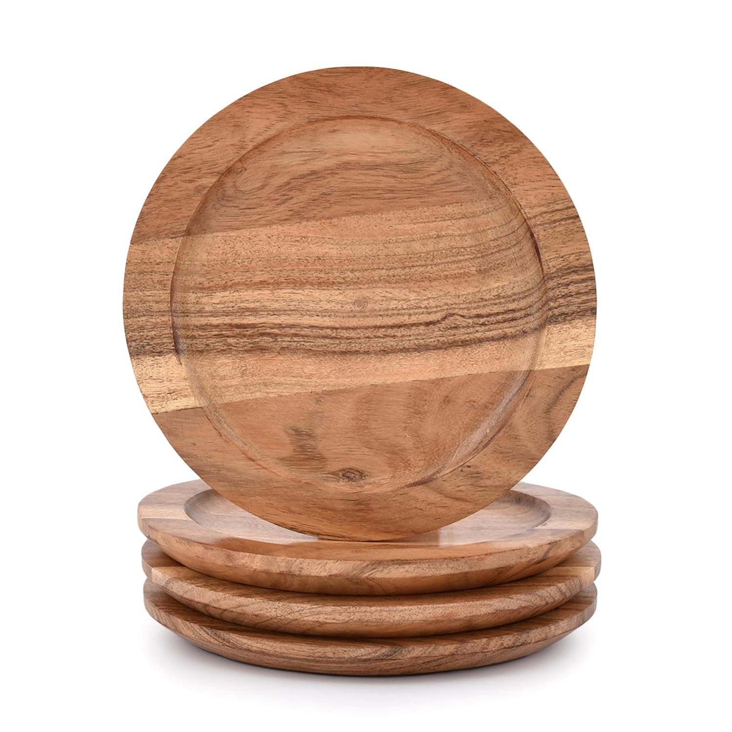 Acacia Wood Round Dinner Plate Set of 4, Centerpiece Tableware Dining Plates for Sandwiches, Salad, Finger Foods Table Décor/Family Gathering (20.32cm x 20.32cm x 1.90cm)