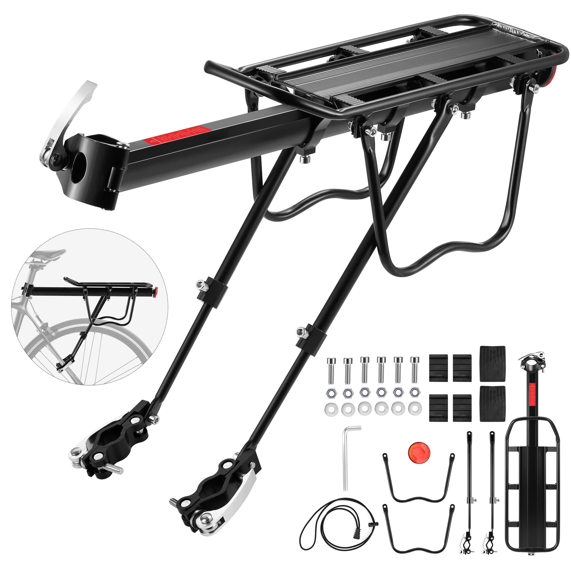 Rear Bike Luggage Rack, Adjustable Bicycle Rear Cargo Rack, Quick Release, Load 60kg, Aluminum Alloy Material with Reflector for Cycling Camping Touring