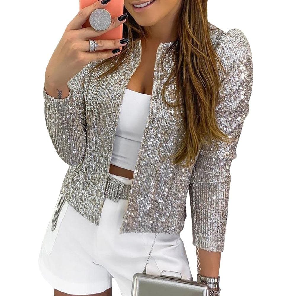 Cololura Women Casual Open Front Sequin Jackets Cardigan Glitter Long Sleeve Short Coats Crop Blazer
