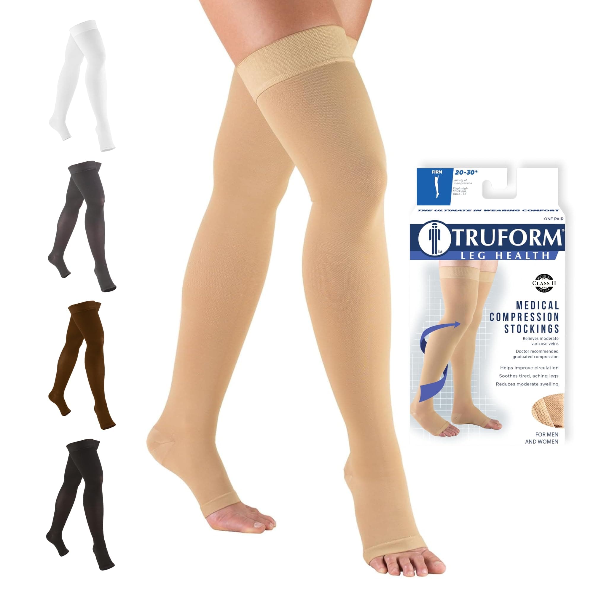 Truform 20-30 mmHg Compression Stockings for Men and Women, Thigh High Length, Dot-Top, Open Toe, Beige, Medium