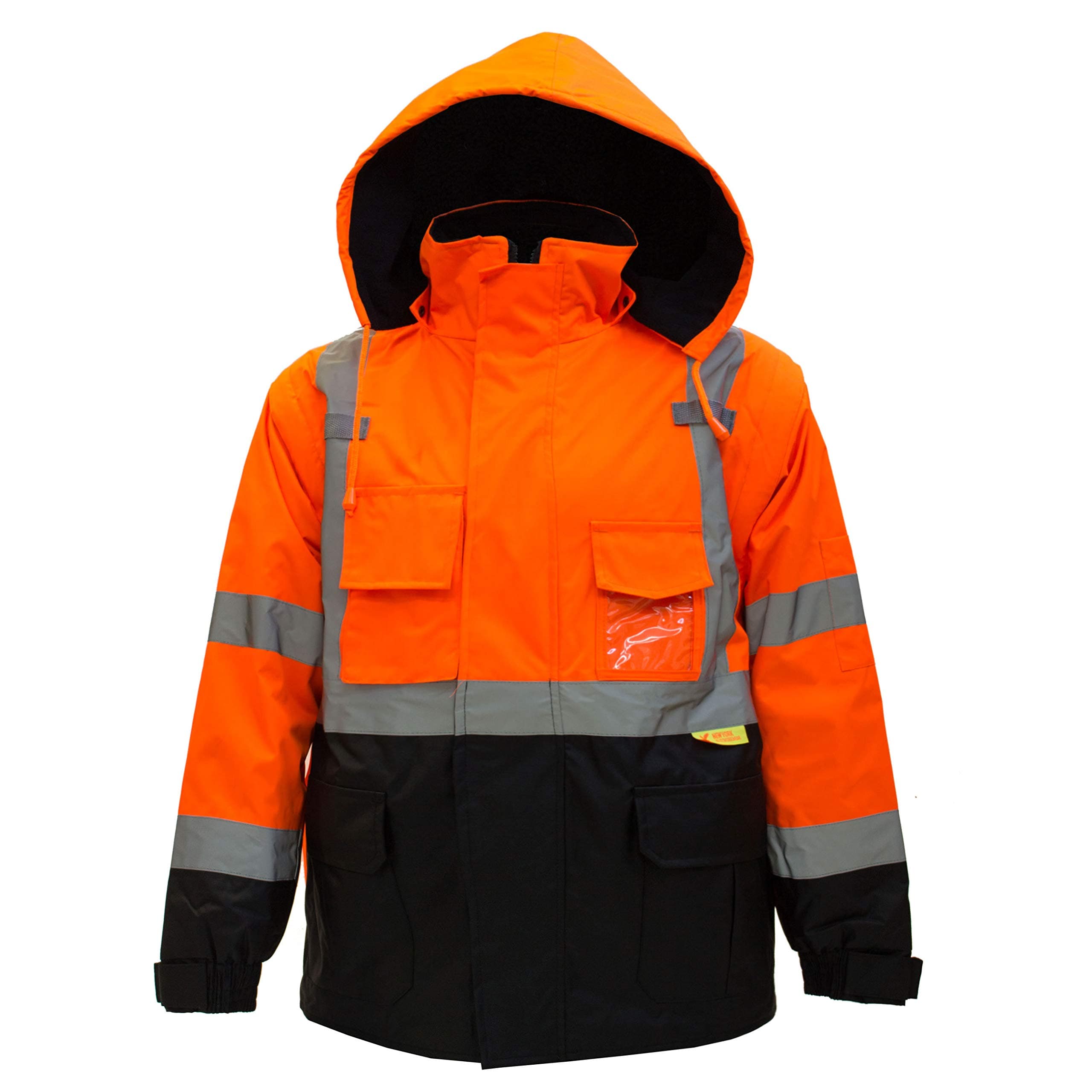 New York Hi-Viz Workwear J8511-L Men's Ansi Class 3 High Visibility Safety Bomber Jacket With Zipper, PVC Pocket, Black Bottom and Detachable sleeve (Large, Orange)