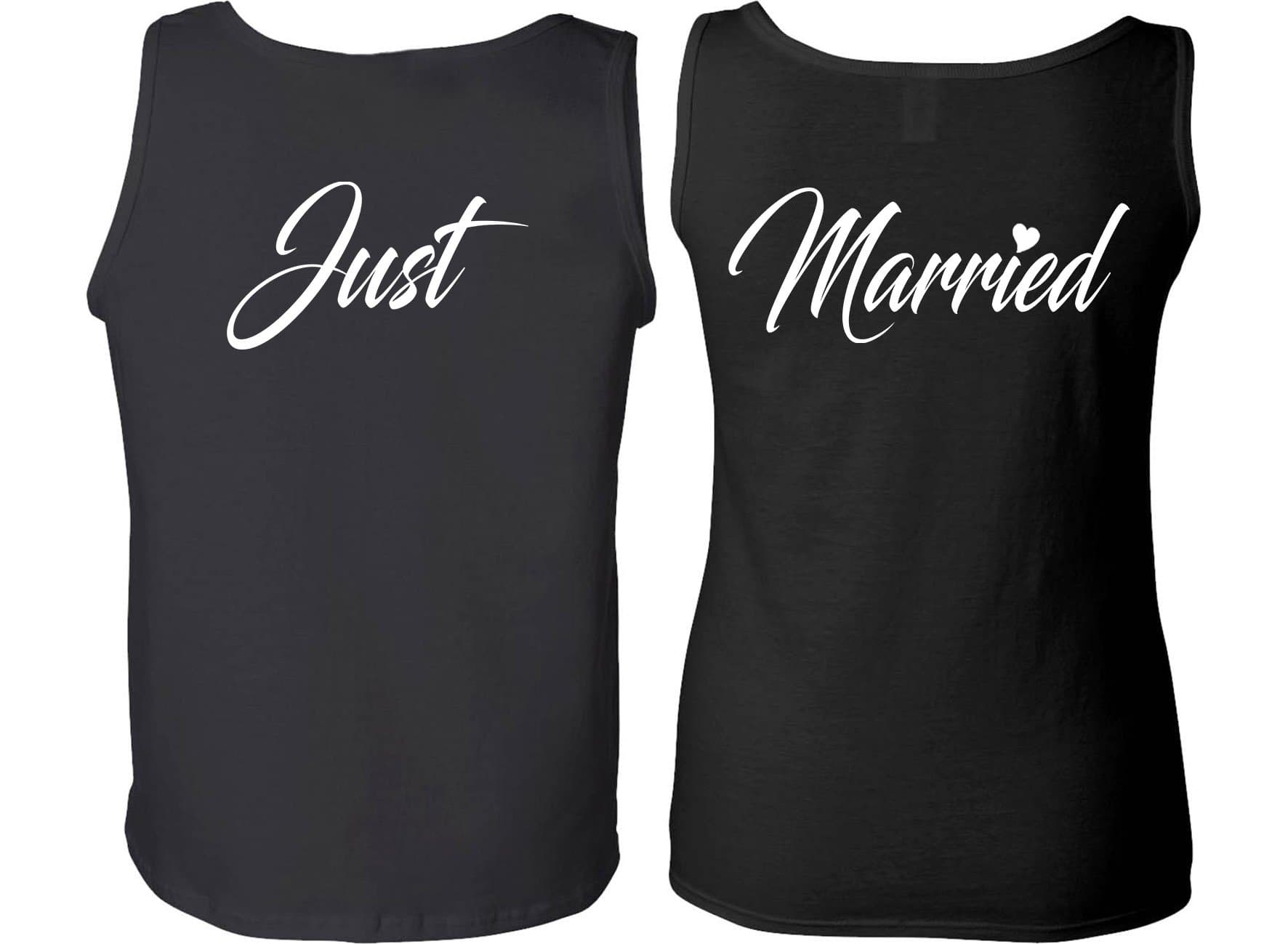 Just Married Tank Top - Wedding Couple Tanks - Matching Honeymoon Outfits - His and Hers Graphic Newlywed Tank Tops