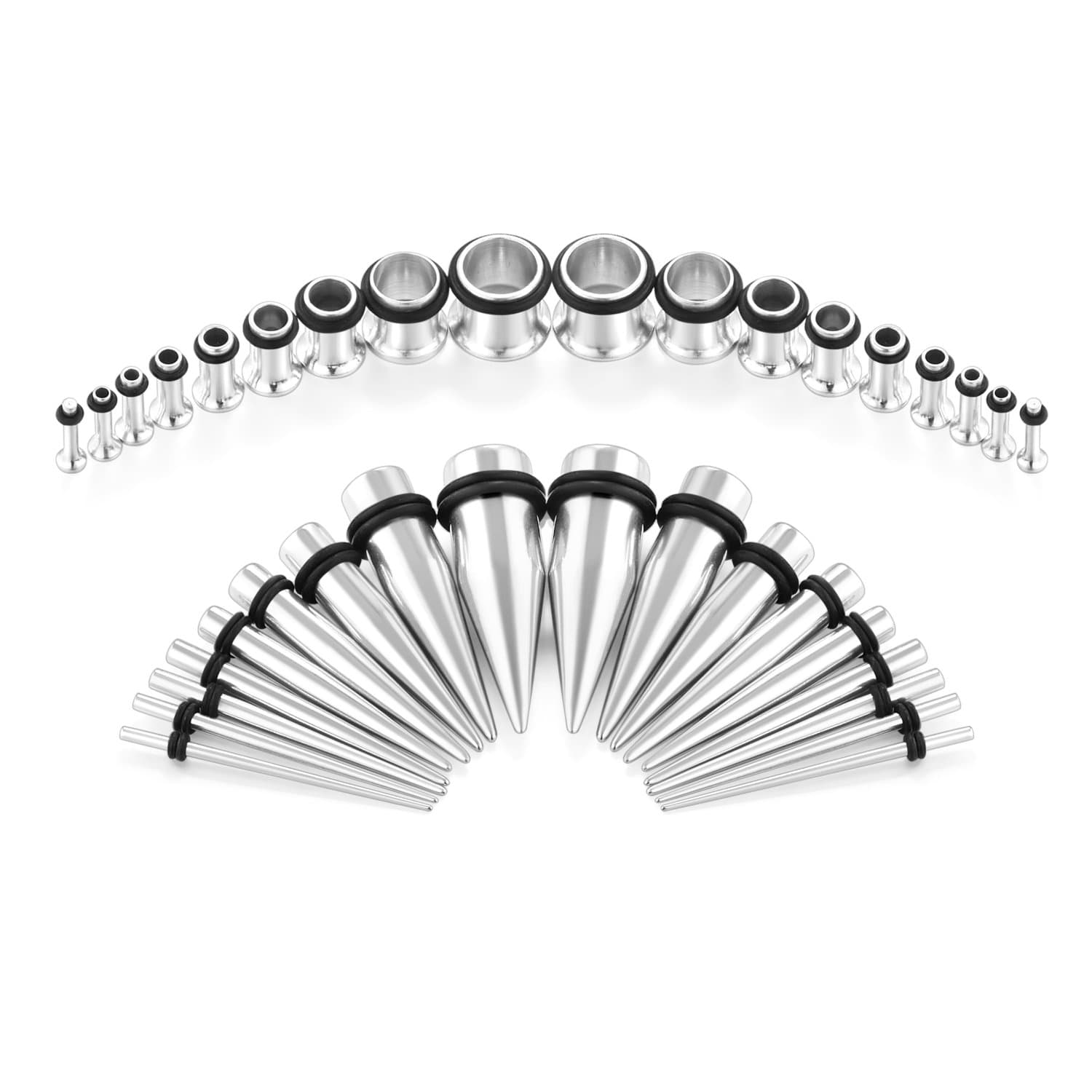 14G-00G 36 pcs Ear Gauges Stretching Kit Tapers Plugs Eyelets Implant Grade Steel