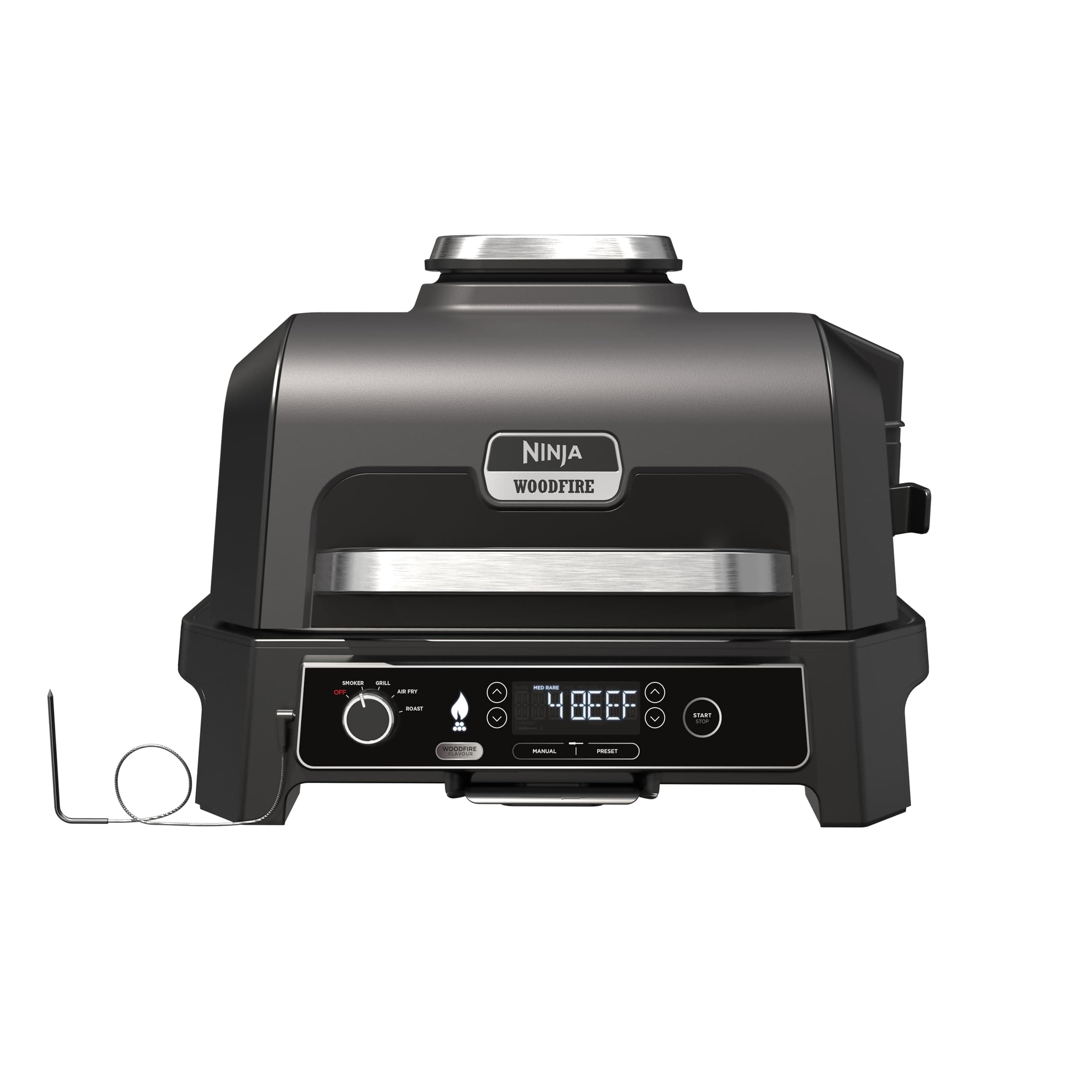 Woodfire Pro XL Electric Grill & Smoker with Digital Probe, Large 4-in-1 Outdoor Grill and Air Fryer with Intelligent Cooking System and Wood Pellets, Black, OG850ME, 2 Years Warranty