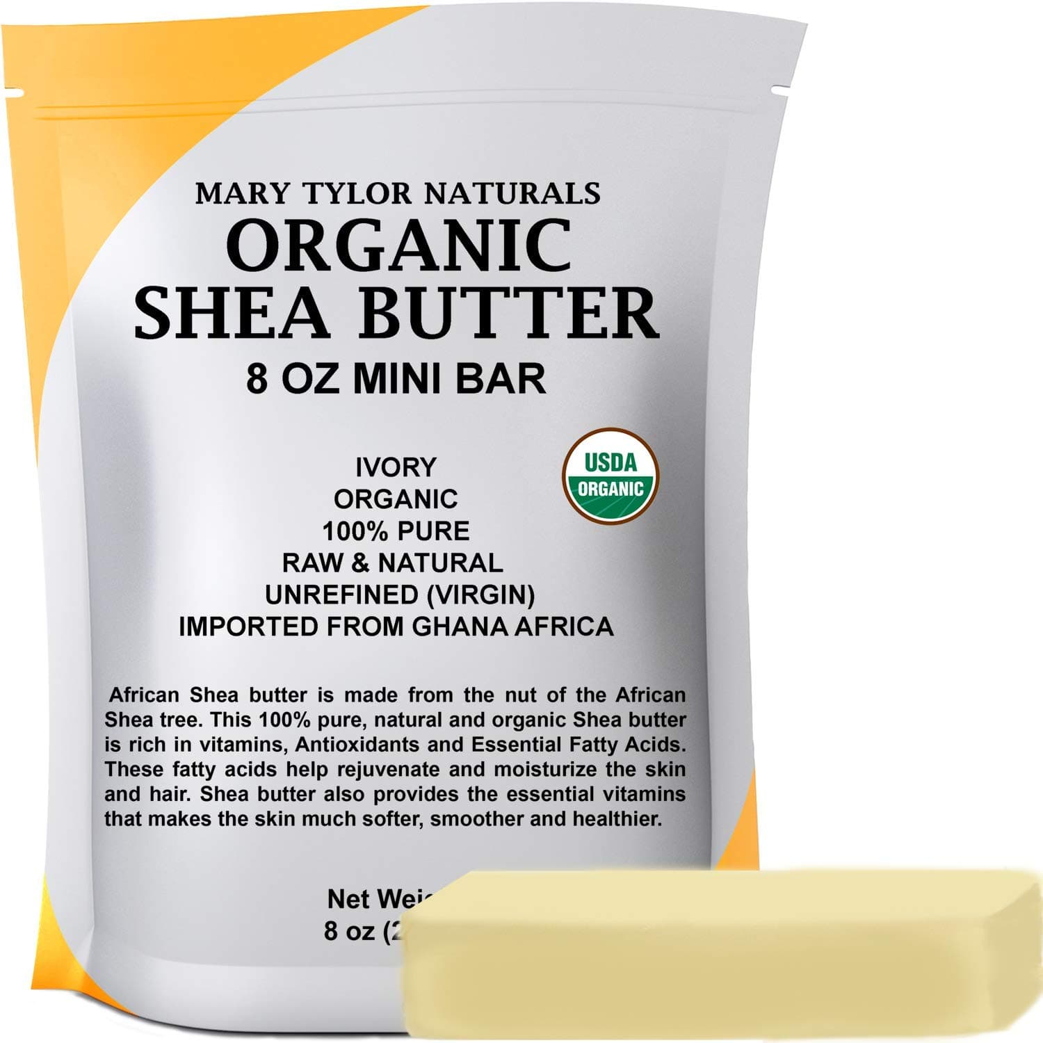 Mary Tylor Naturals Organic Shea butter 8 oz — USDA Certified Raw, Unrefined, Ivory From Ghana Africa — Great for Hair, Skin Nails and DIY projects