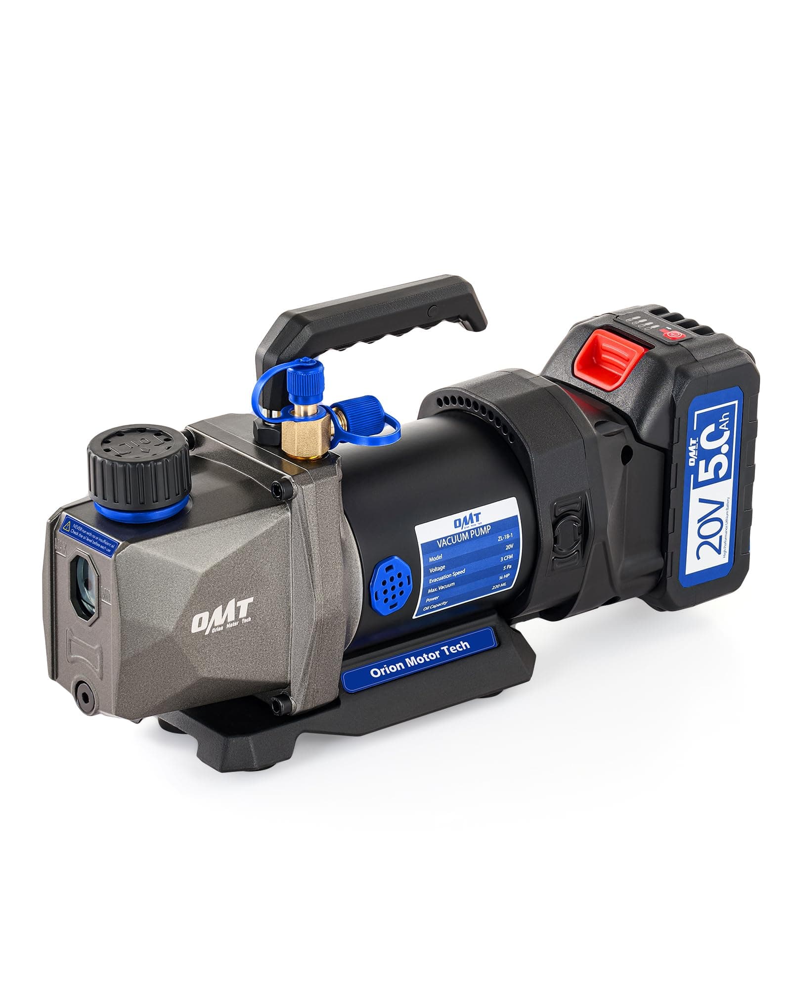 Orion Motor Tech Vacuum Pump, 3 cfm Cordless Lithium-Ion HVAC Vacuum Pump, Battery-Powered Auto AC Vacuum Pump for R134a R410a R1234yf Systems, 1/4hp Single Stage Vacuum Pump
