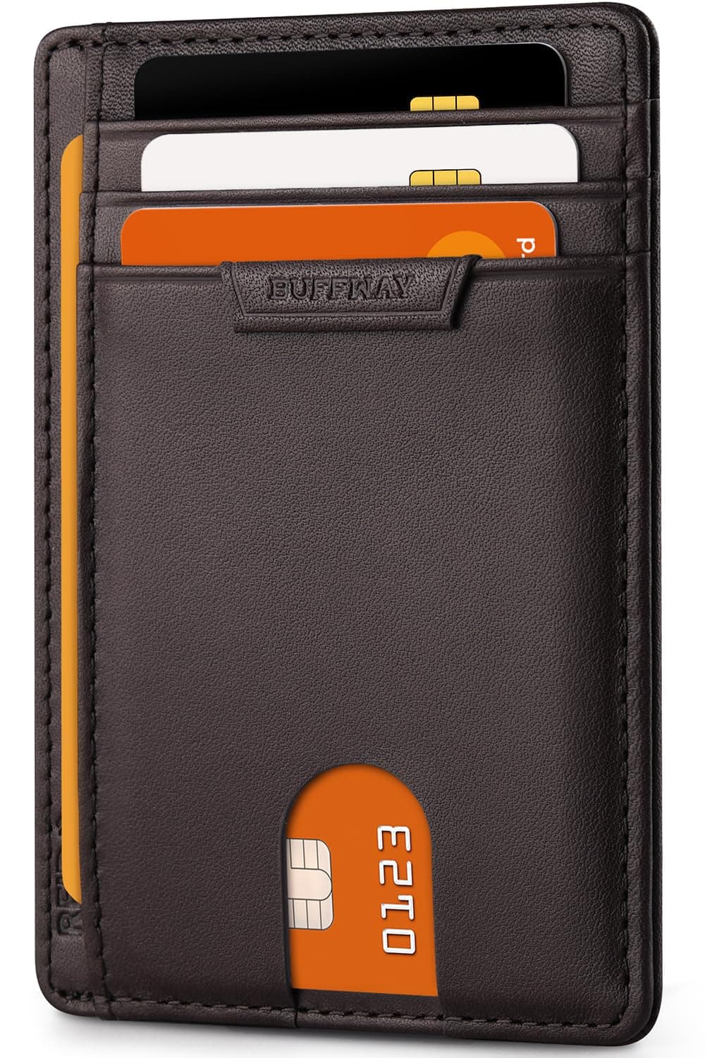 BuffwayAONELAS Buffway Slim Wallet for Men or Women Minimalist Small Leather Front Pocket Wallets with RFID Blocking and Gifts Box - Bassa Chocolate